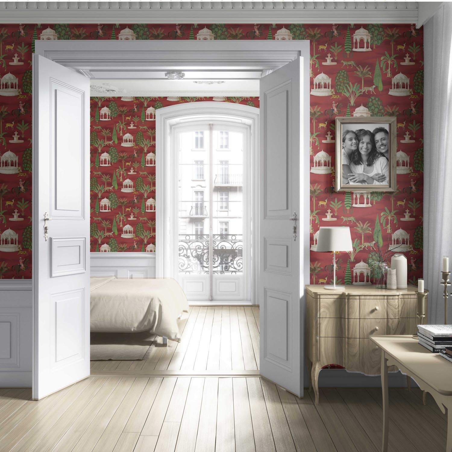 Vintage Heritage/ Ethnic Chinoiserie Living Room Wallpaper (Red/ Green/ White/ Brown)