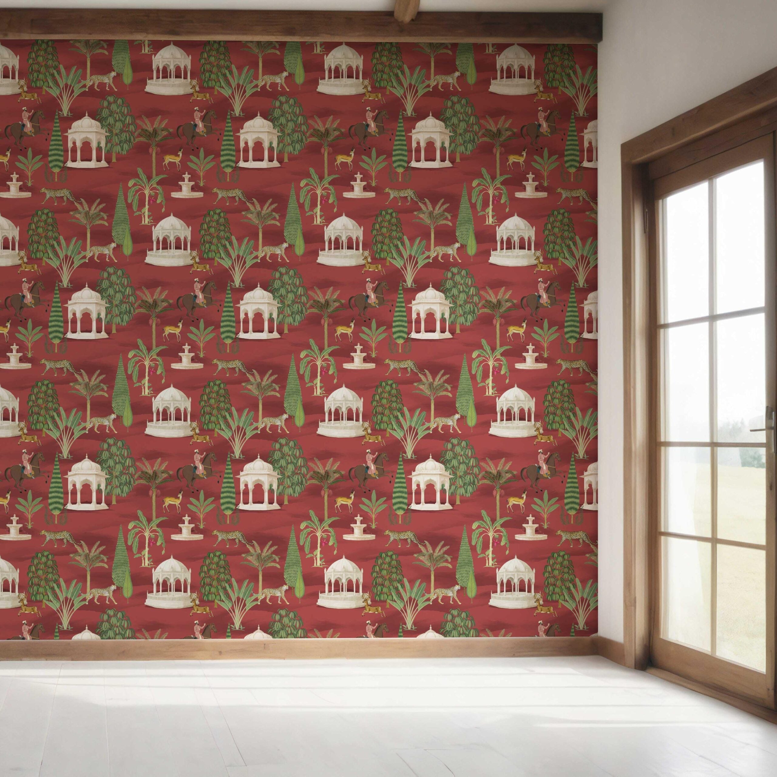 Vintage Heritage/ Ethnic Chinoiserie Bedroom Wallpaper (Red/ Green/ White/ Brown)