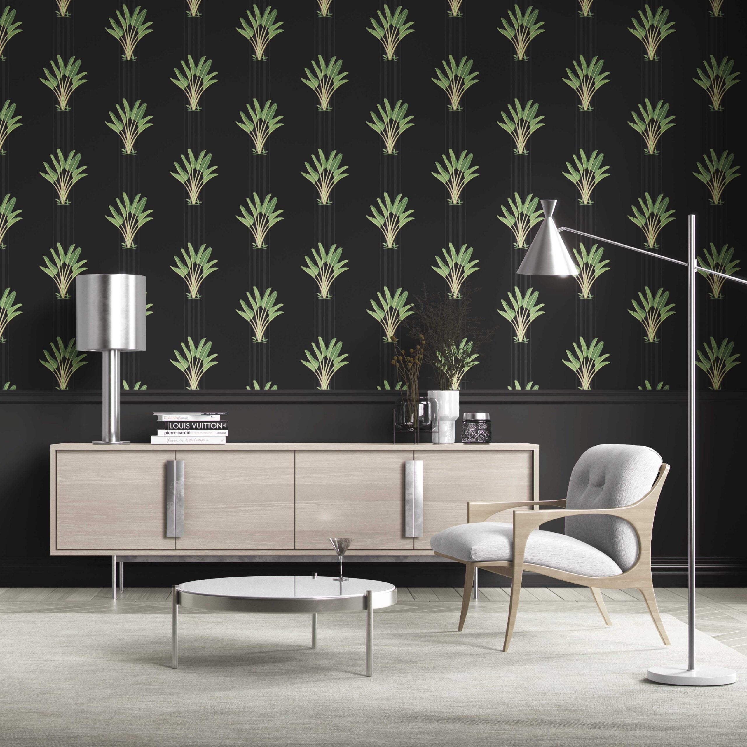 Botanical/ Floral Block Print Traditional Wallpaper (Black/ Green)