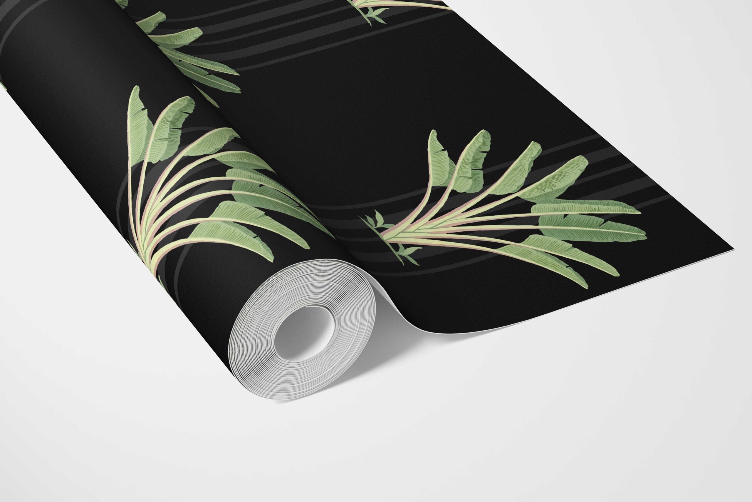 Botanical/ Floral Block Print Bathroom Wallpaper (Black/ Green)