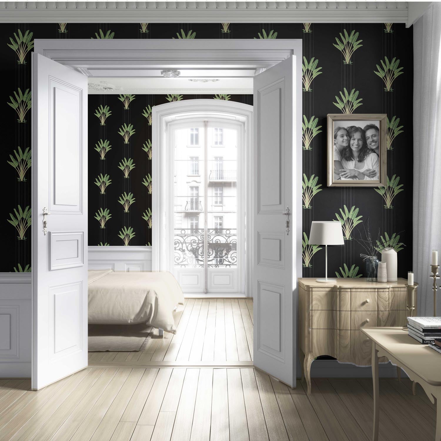 Botanical/ Floral Block Print Living Room Wallpaper Sample (Black/ Green)