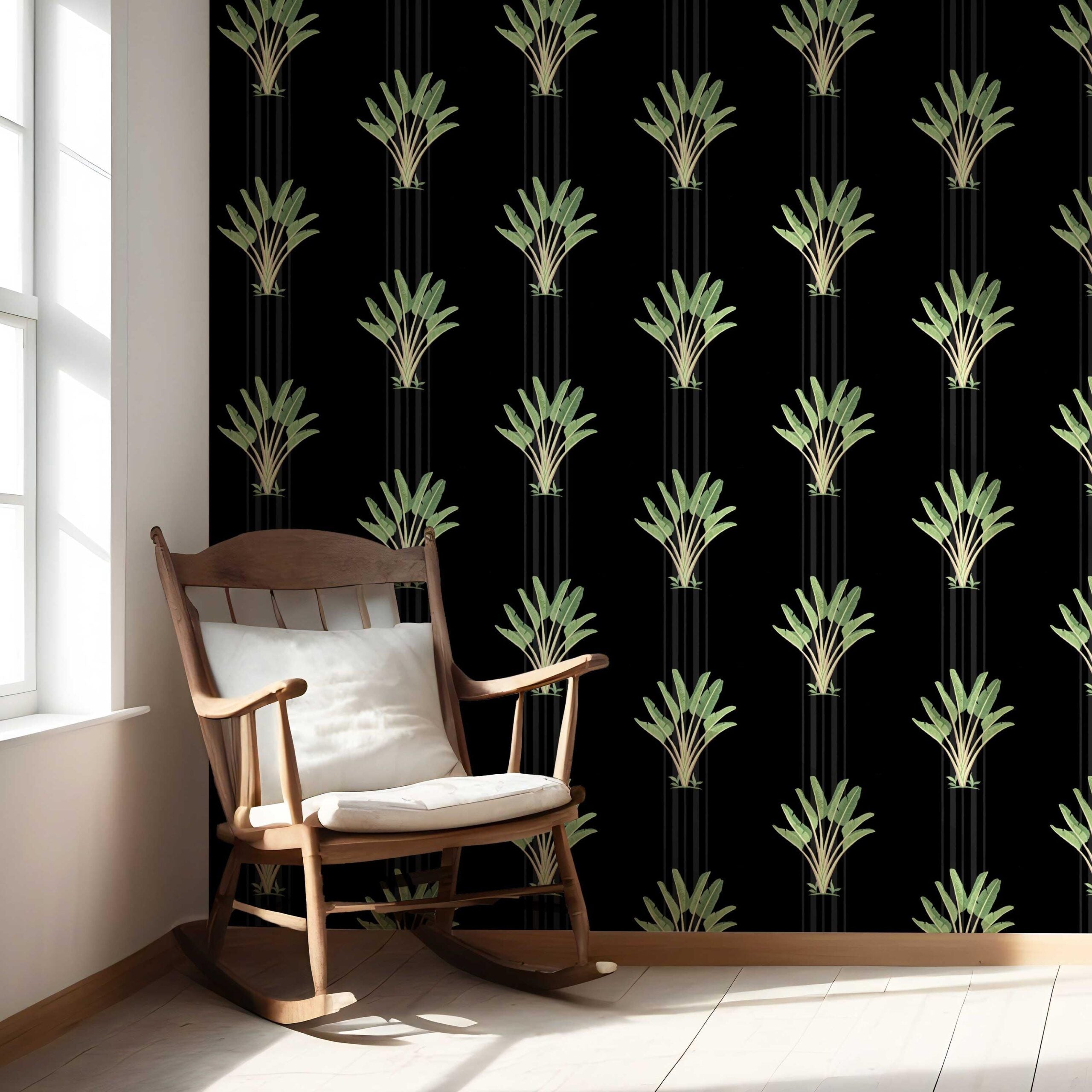 Botanical/ Floral Block Print Nursery Wallpaper (Black/ Green)