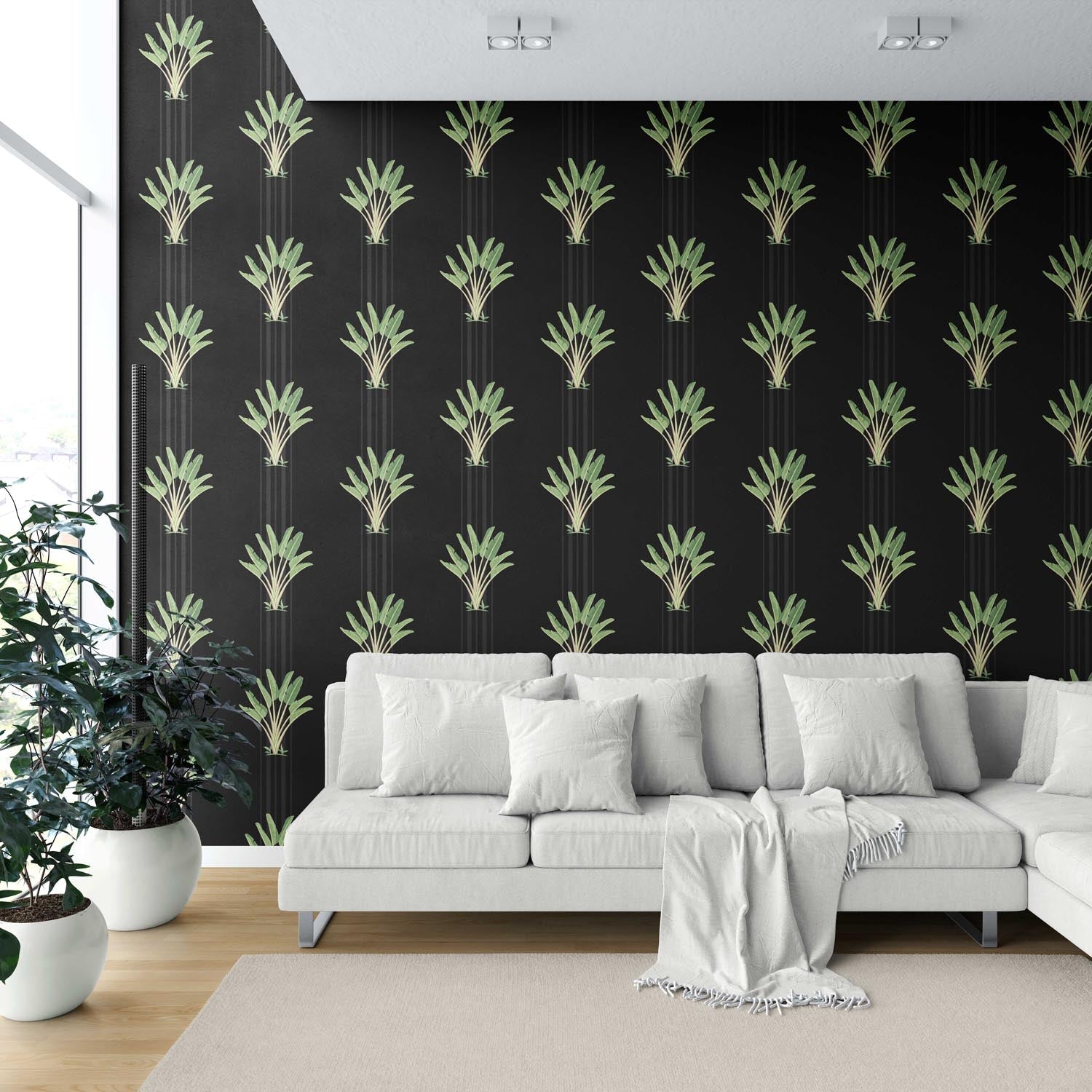 Botanical/ Floral Block Print Shower Toilet Wallpaper Sample (Black/ Green)