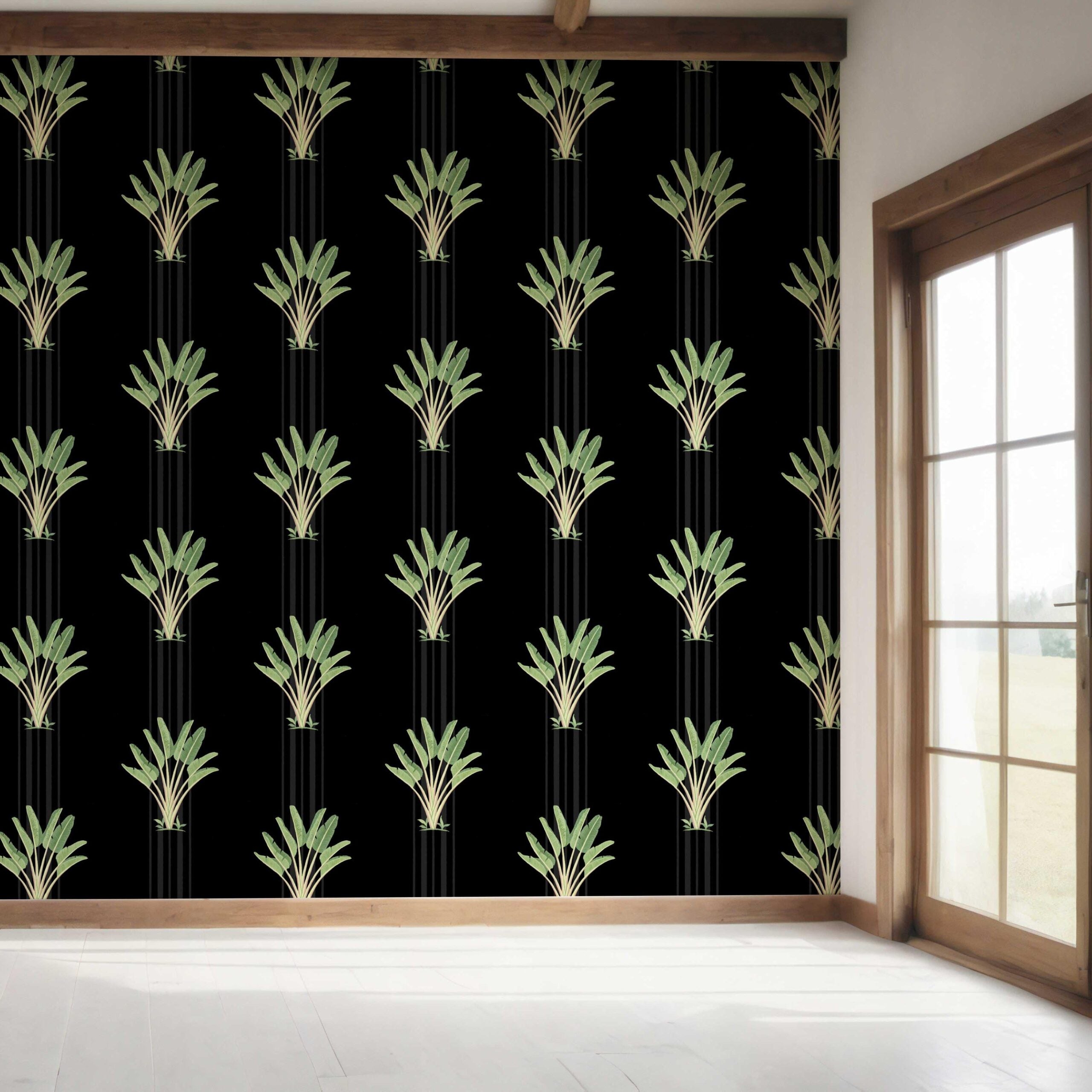 Botanical/ Floral Block Print Bedroom Wallpaper (Black/ Green)