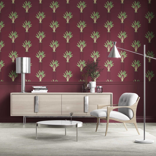 Botanical/ Floral Block Print Traditional Wallpaper (Deep Red/ Green)