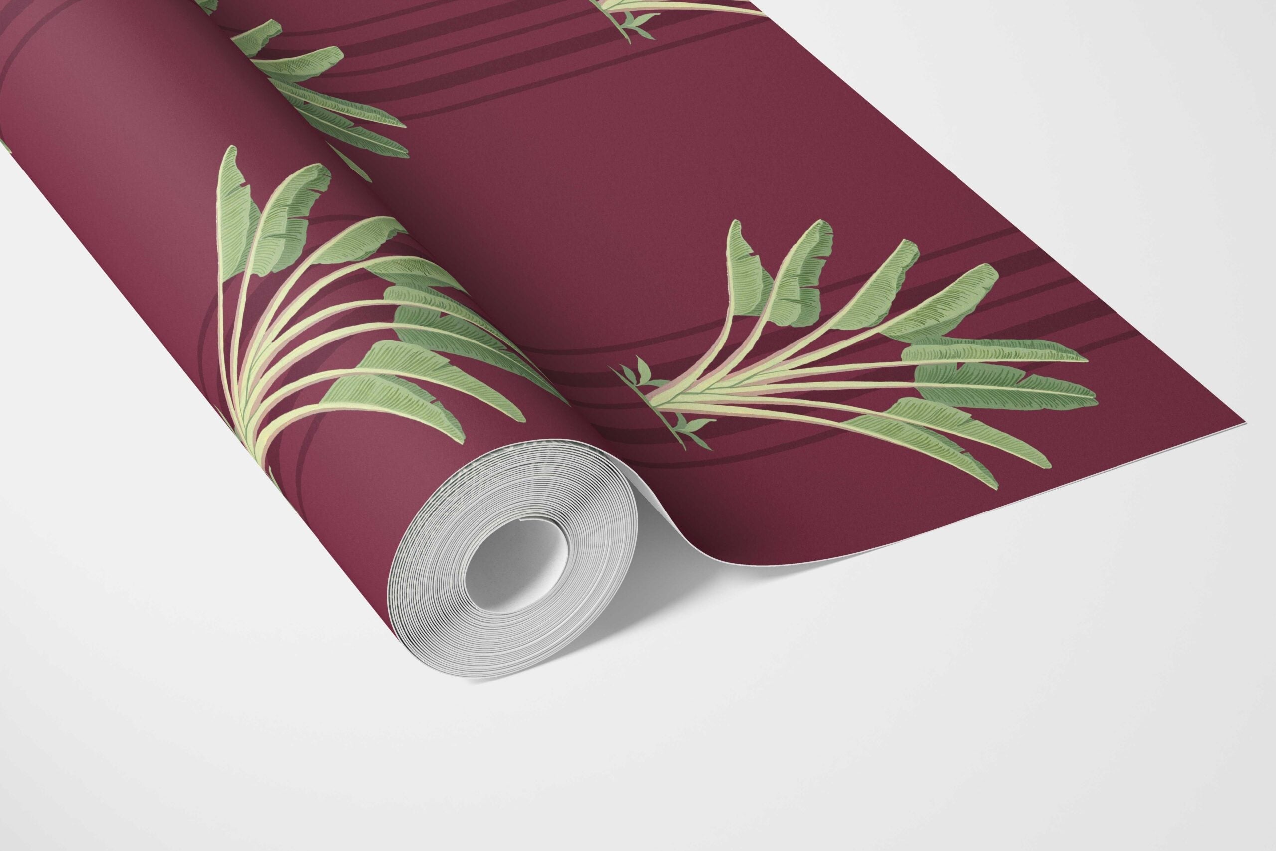 Botanical/ Floral Block Print Bathroom Wallpaper (Deep Red/ Green)