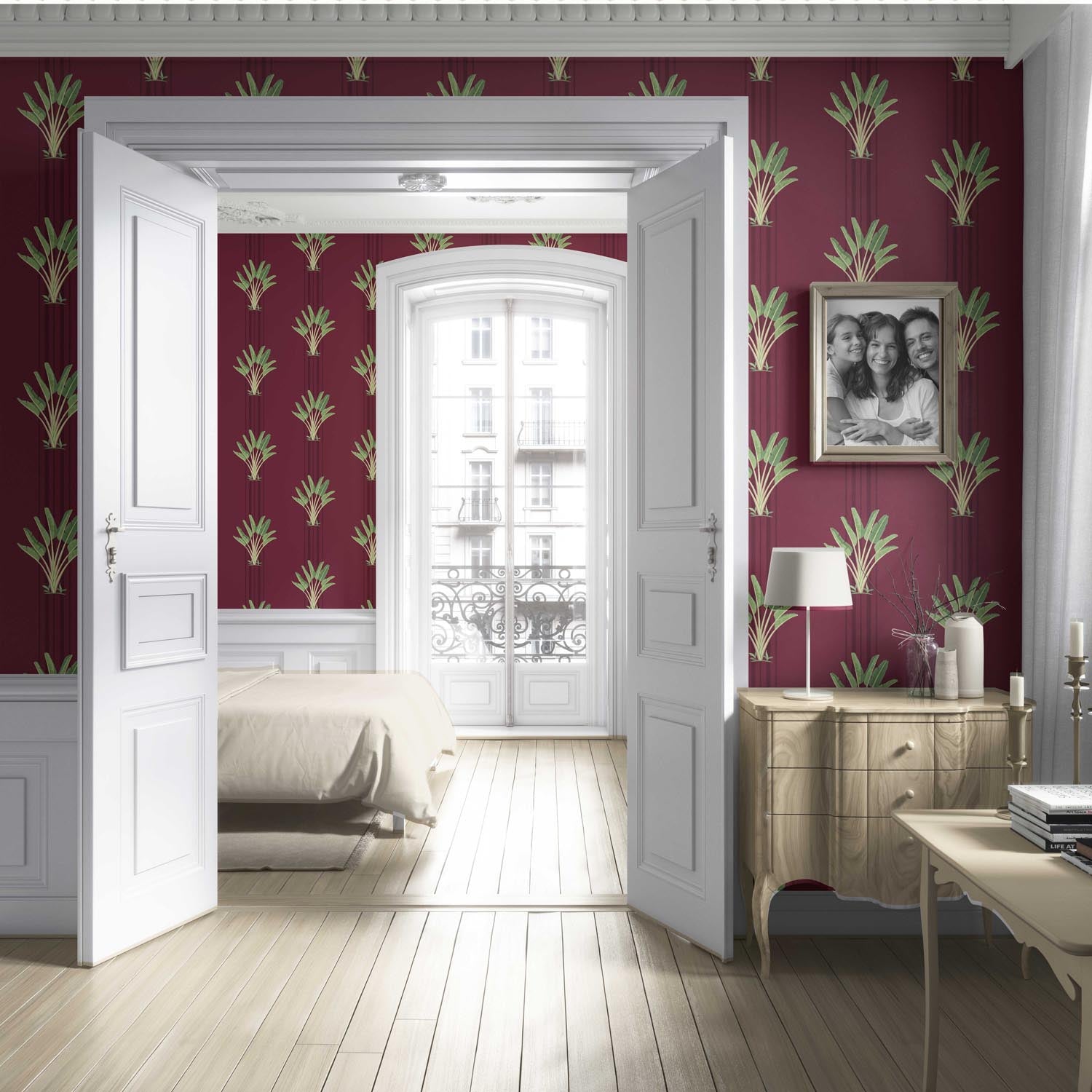 Botanical/ Floral Block Print Living Room Wallpaper (Deep Red/ Green)