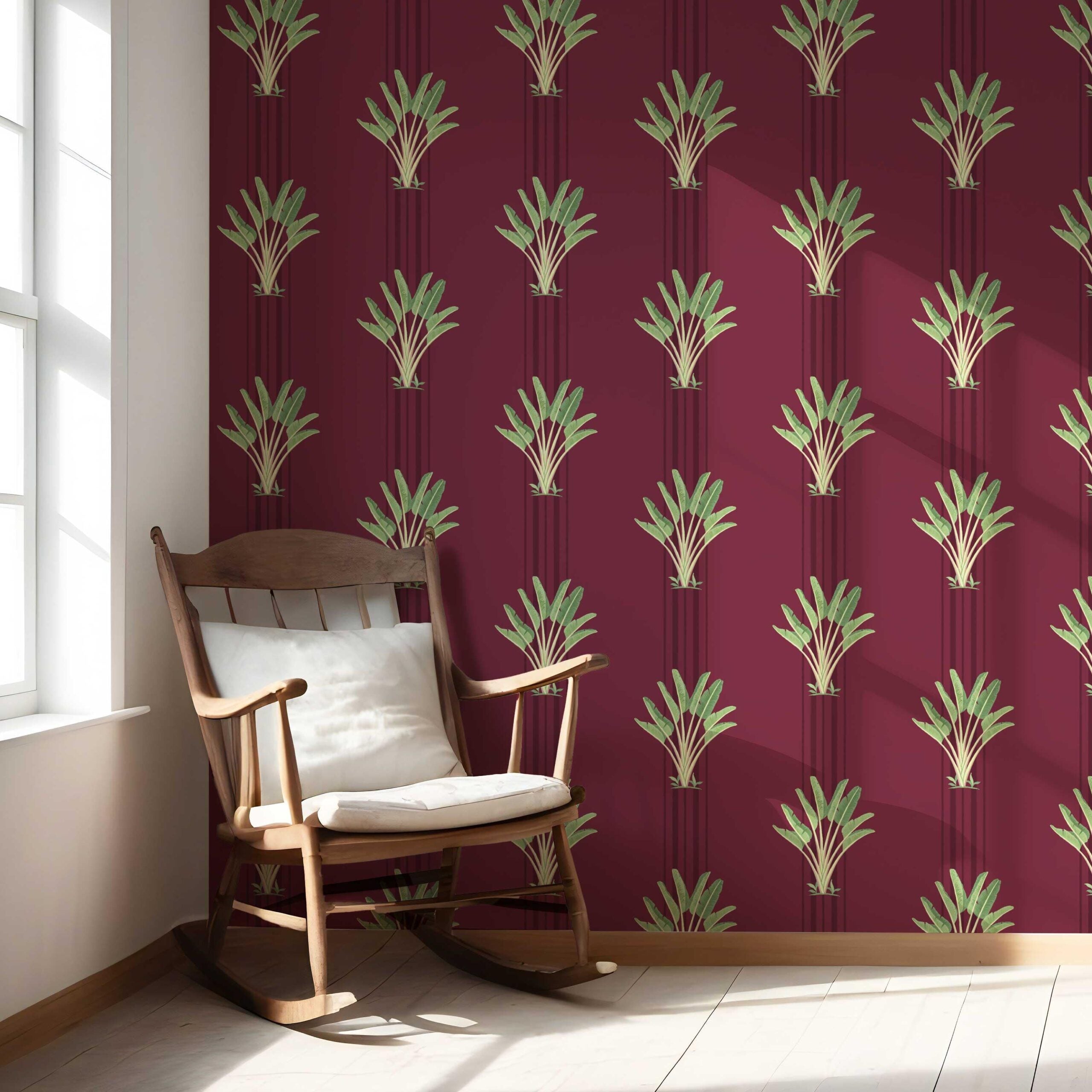 Botanical/ Floral Block Print Nursery Wallpaper (Deep Red/ Green)