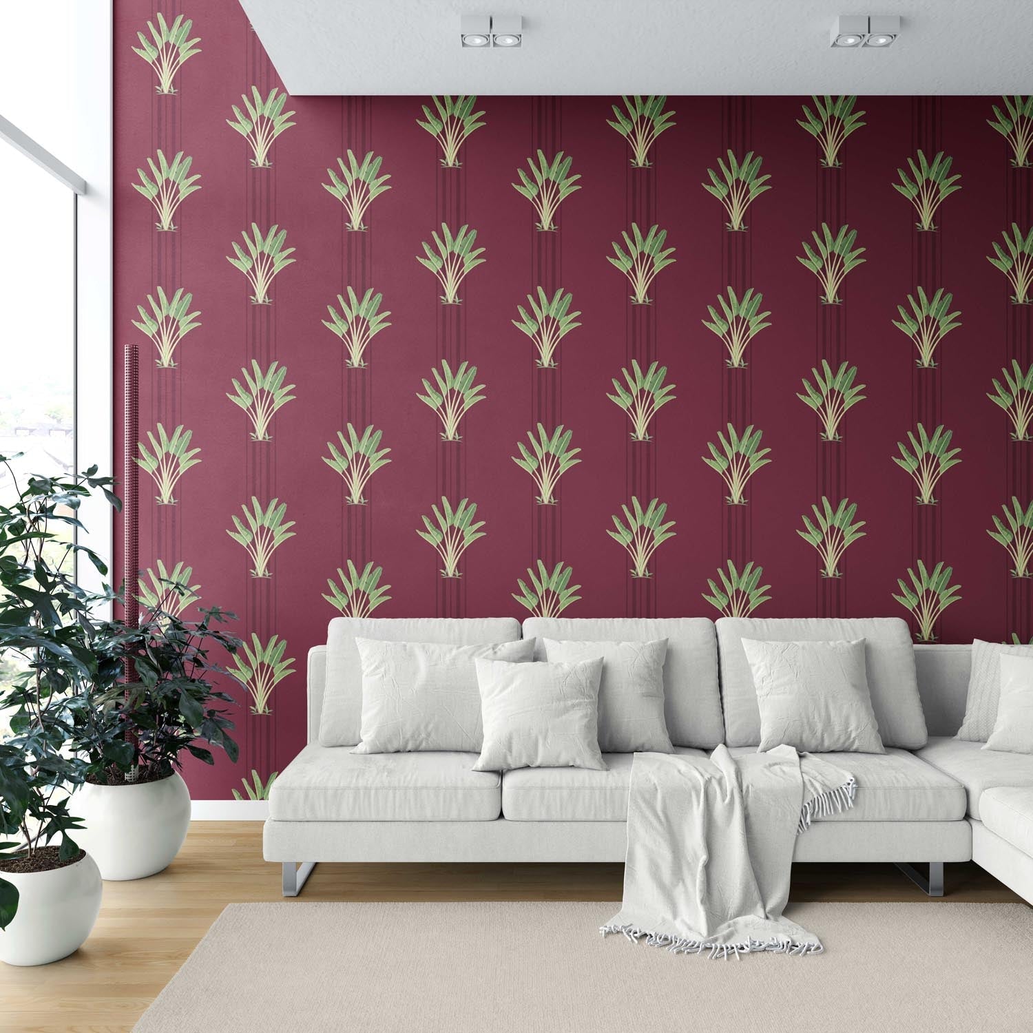 Botanical/ Floral Block Print Shower Toilet Wallpaper (Deep Red/ Green)