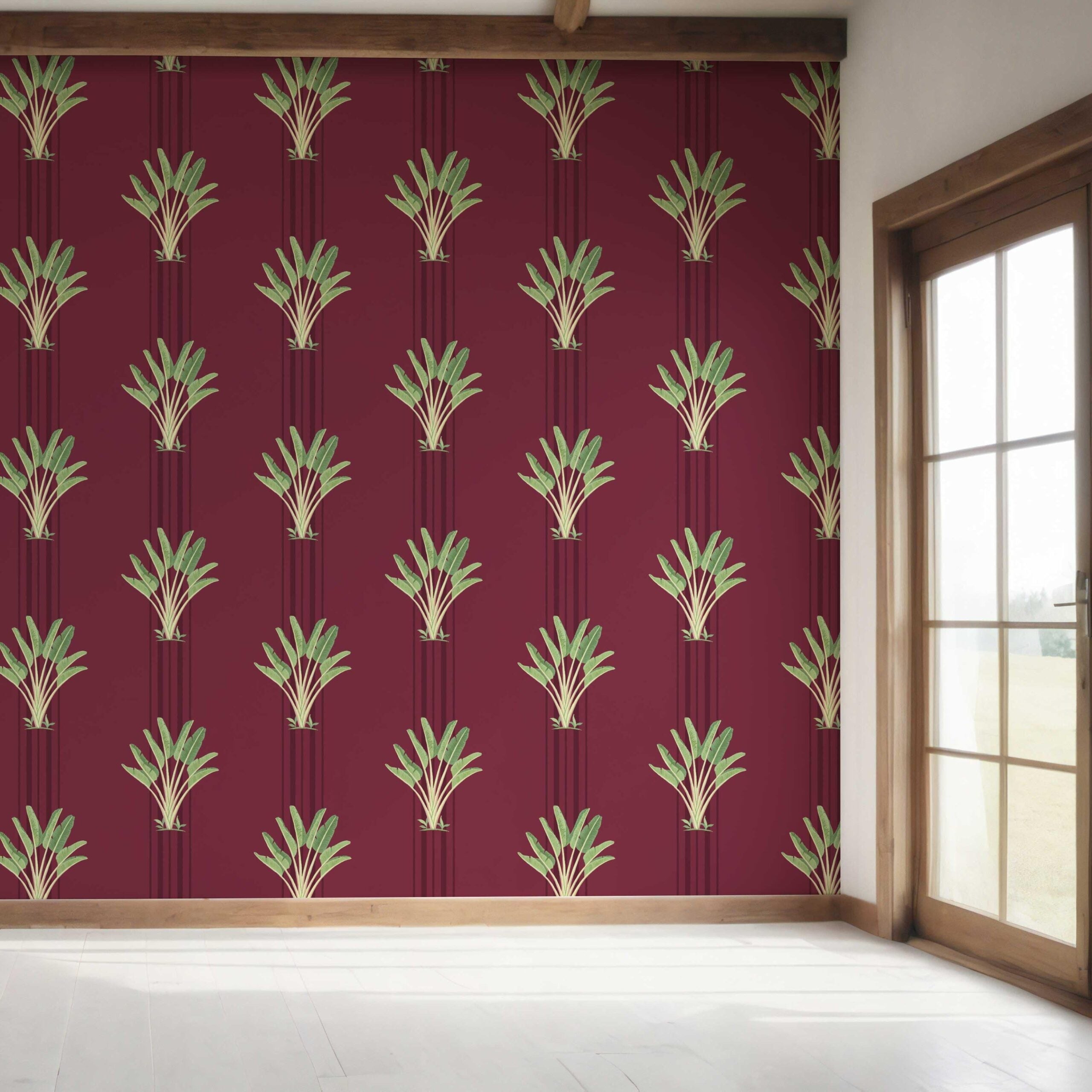 Botanical/ Floral Block Print Bedroom Wallpaper (Deep Red/ Green)