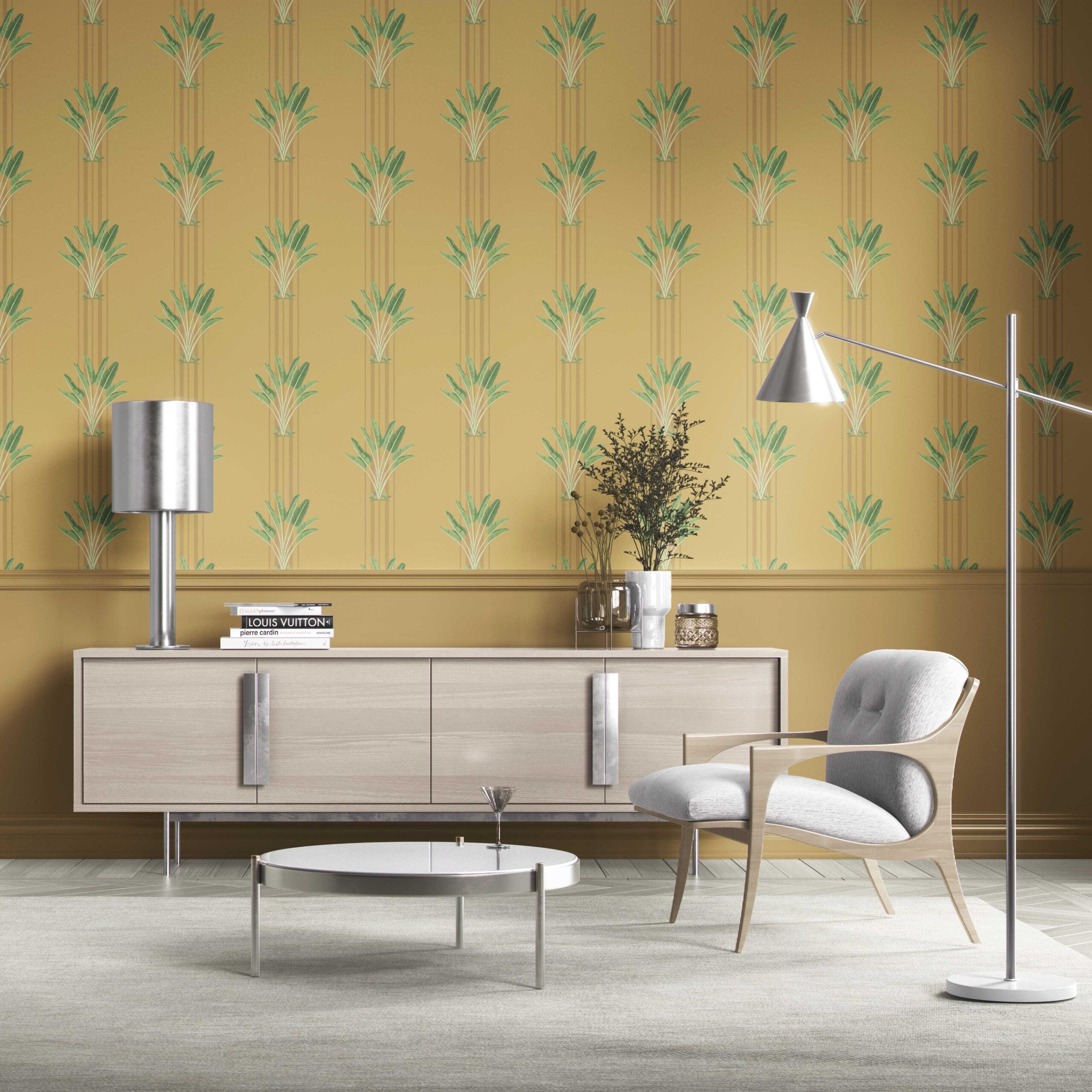 Botanical/ Floral Block Print Traditional Wallpaper Sample (Yellow/ Green)