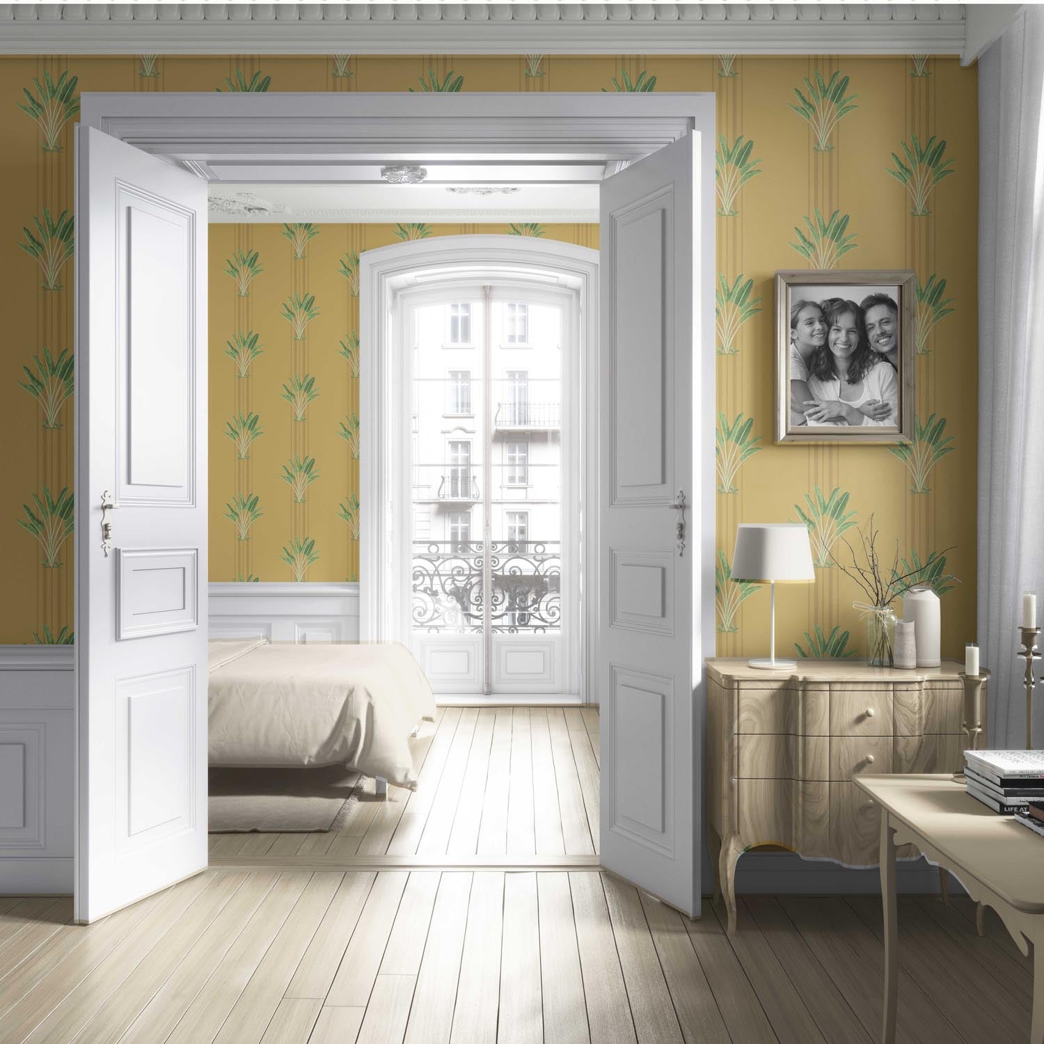 Botanical/ Floral Block Print Living Room Wallpaper (Yellow/ Green)