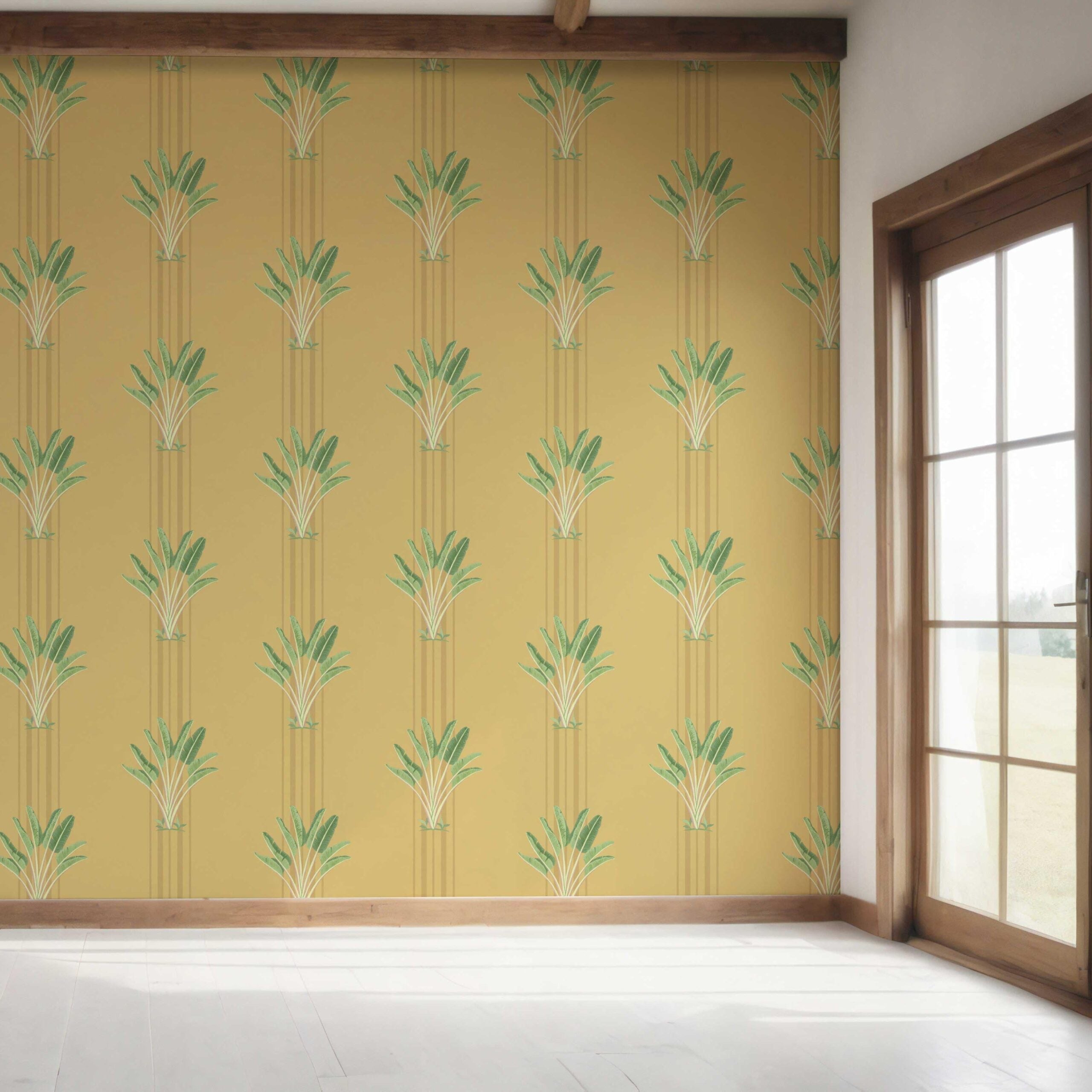 Botanical/ Floral Block Print Bedroom Wallpaper (Yellow/ Green)