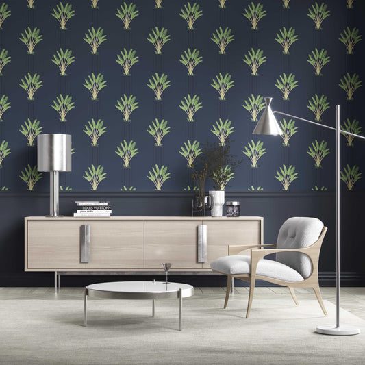 Botanical/ Floral Block Print Traditional Wallpaper (Navy Blue/ Green)