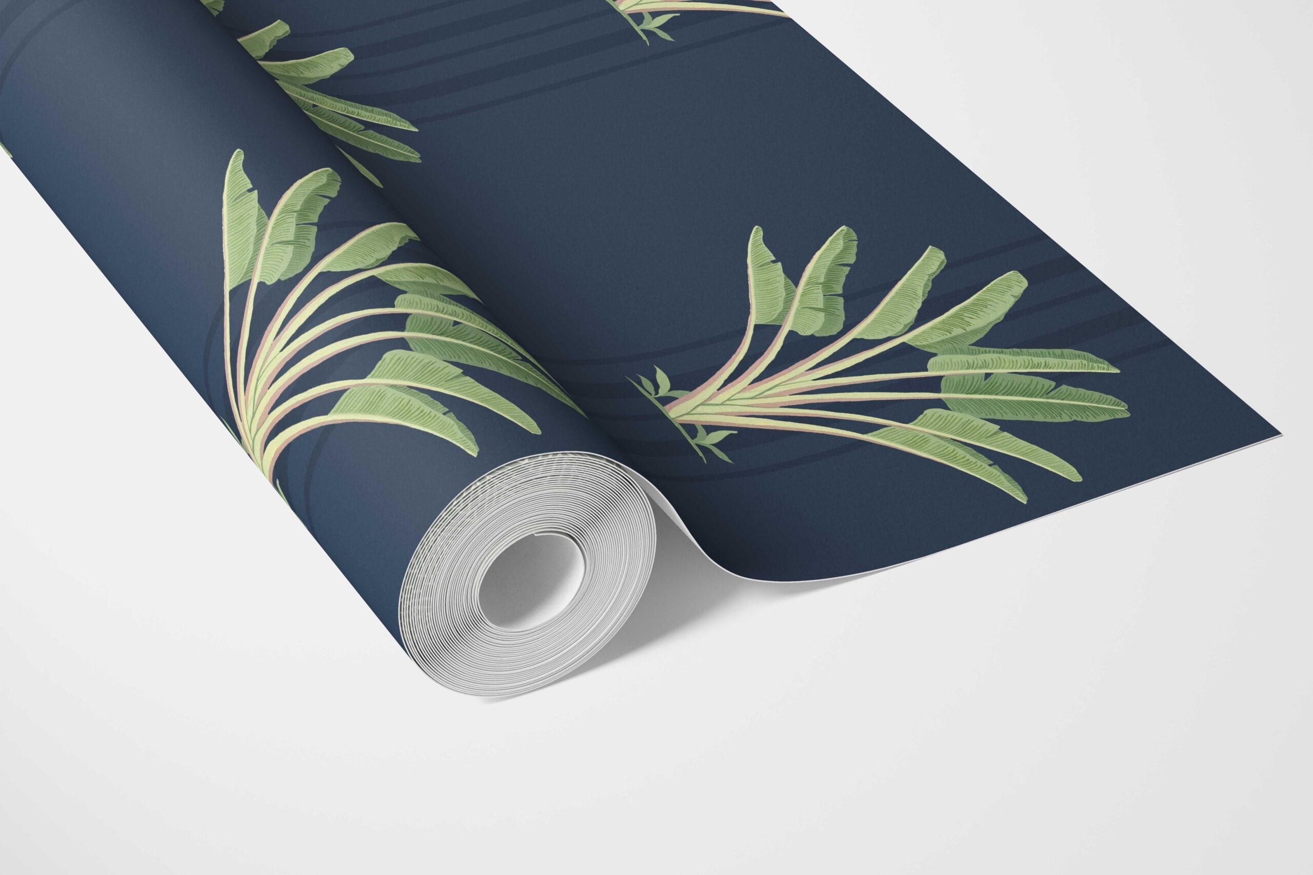 Botanical/ Floral Block Print Bathroom Wallpaper Sample (Navy Blue/ Green)
