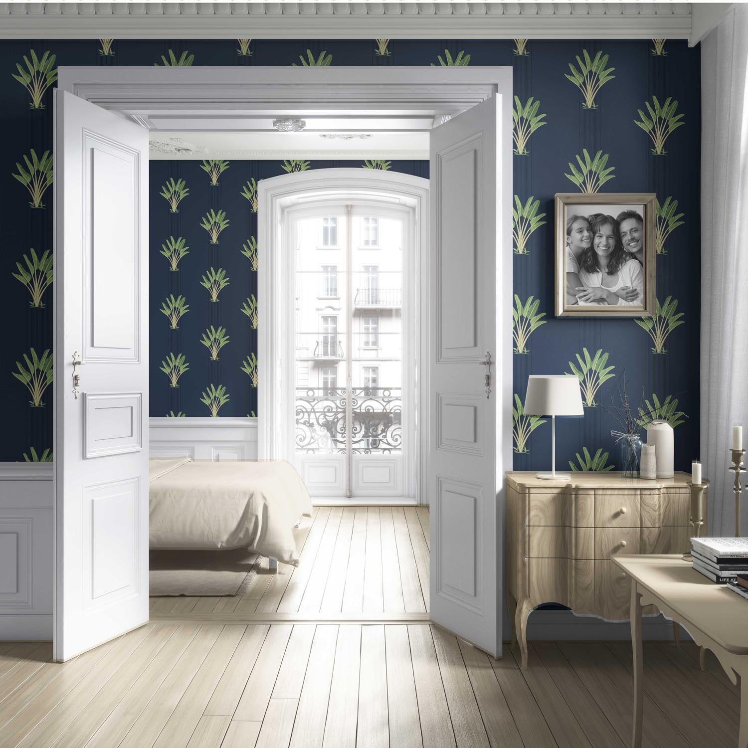 Botanical/ Floral Block Print Living Room Wallpaper Sample (Navy Blue/ Green)