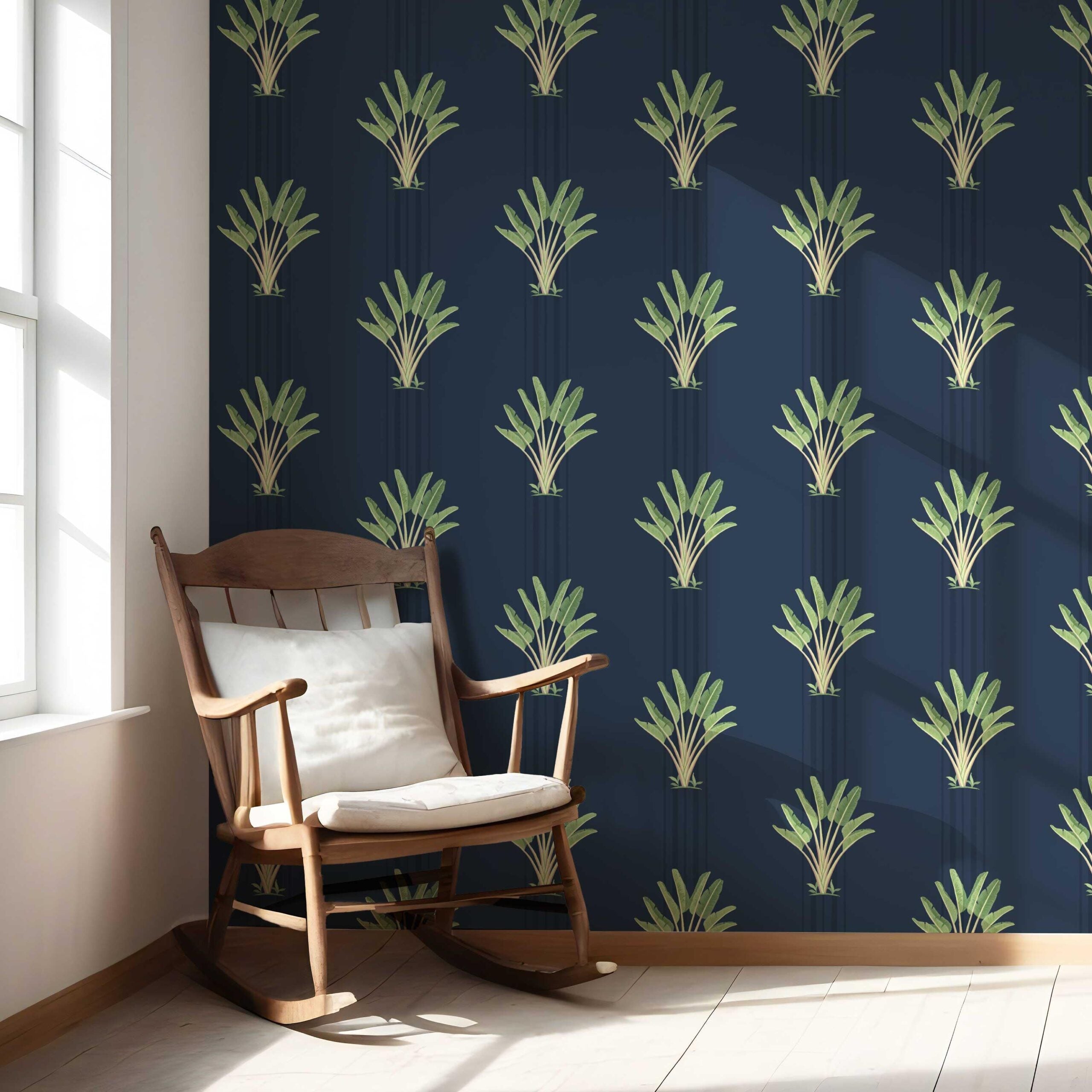 Botanical/ Floral Block Print Nursery Wallpaper Sample (Navy Blue/ Green)