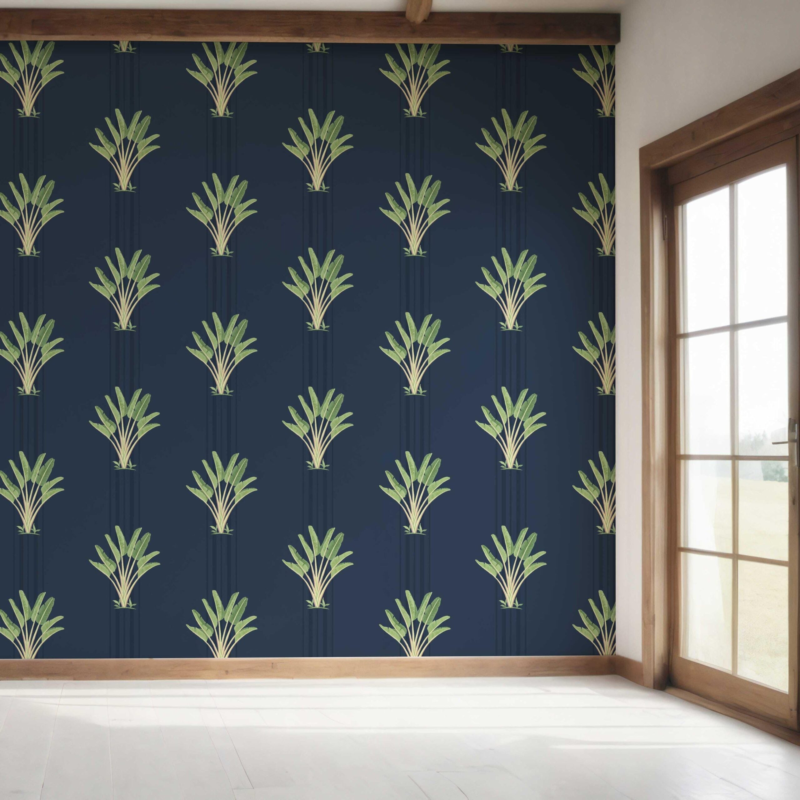 Botanical/ Floral Block Print Bedroom Wallpaper Sample (Navy Blue/ Green)