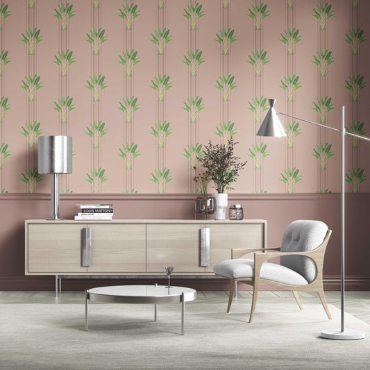 Botanical/ Floral Block Print Traditional Wallpaper Sample (Pink/ Green)