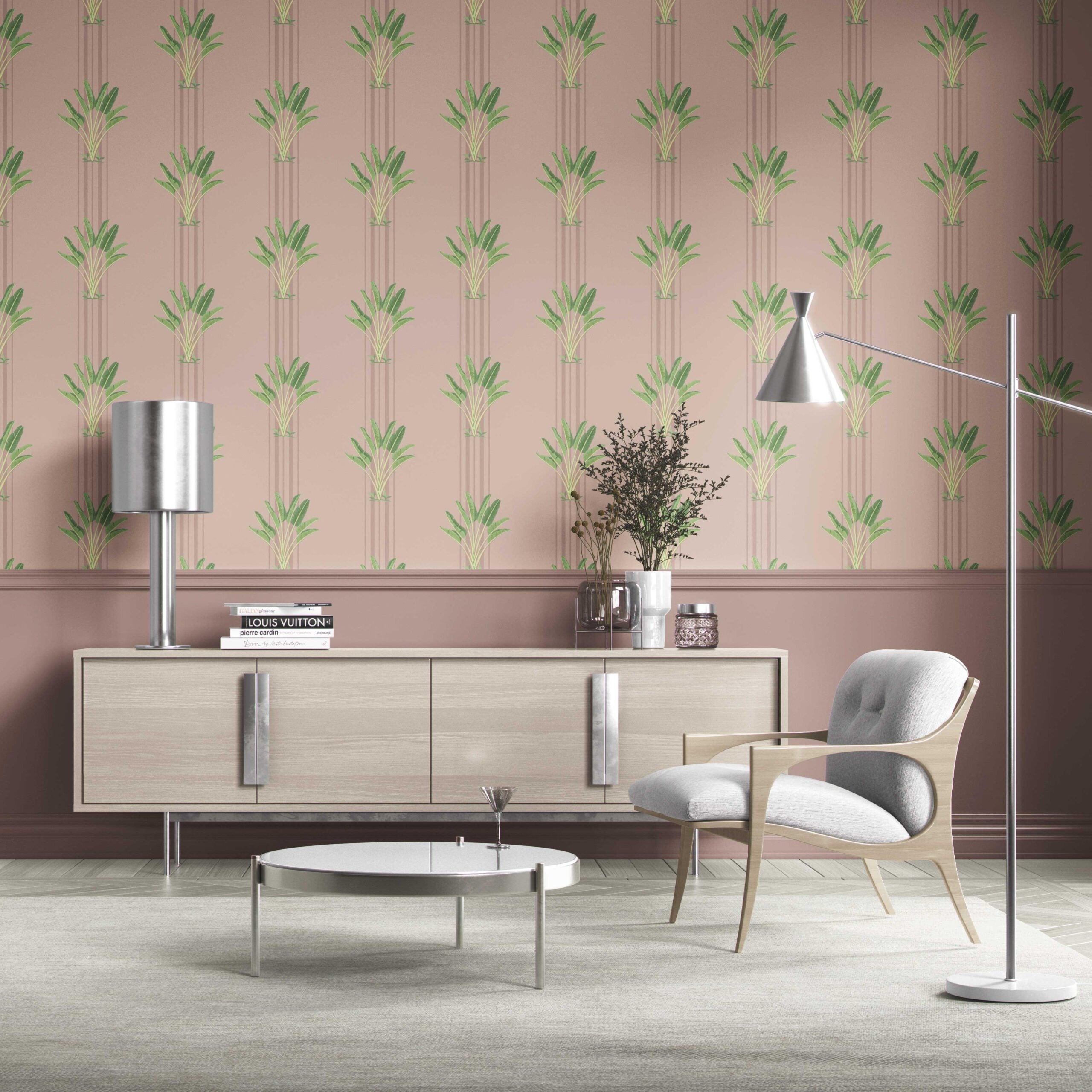 Botanical/ Floral Block Print Traditional Wallpaper Sample (Pink/ Green)