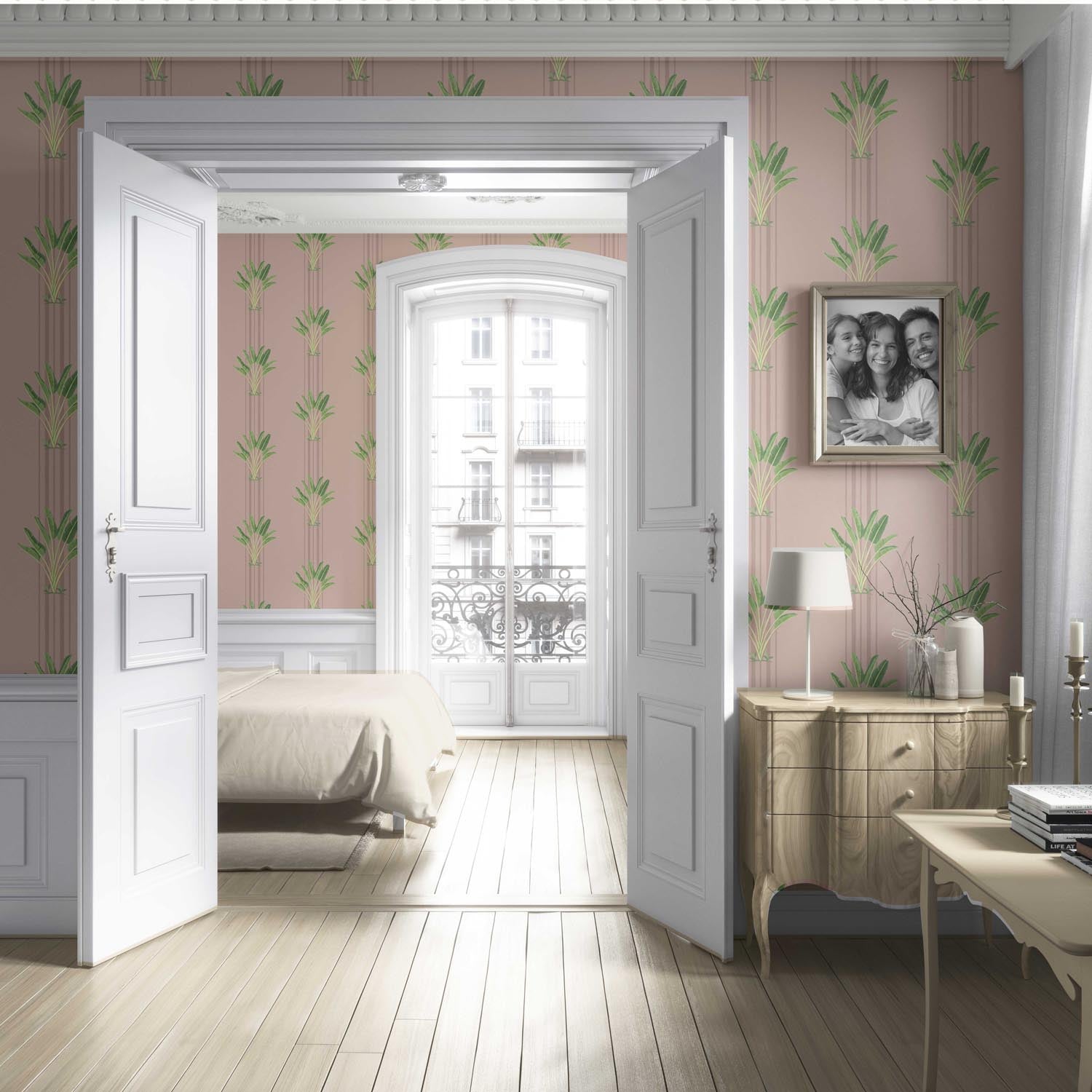 Botanical/ Floral Block Print Living Room Wallpaper Sample (Pink/ Green)