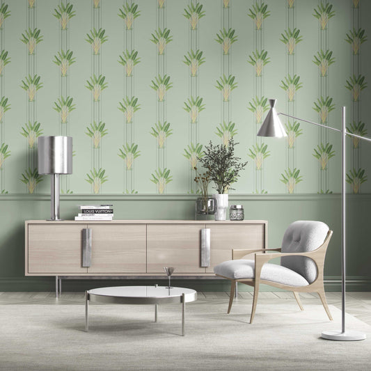 Botanical/ Floral Block Print Traditional Wallpaper (Duck Egg Blue/ Green)