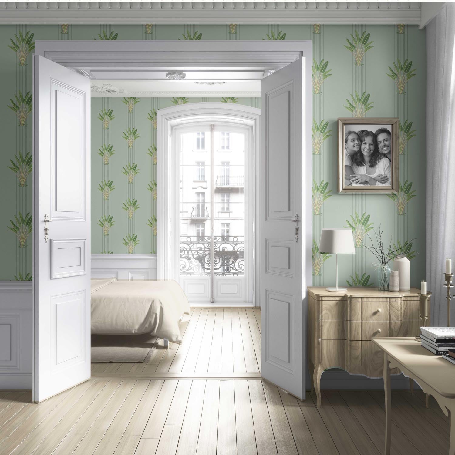 Botanical/ Floral Block Print Living Room Wallpaper (Duck Egg Blue/ Green)