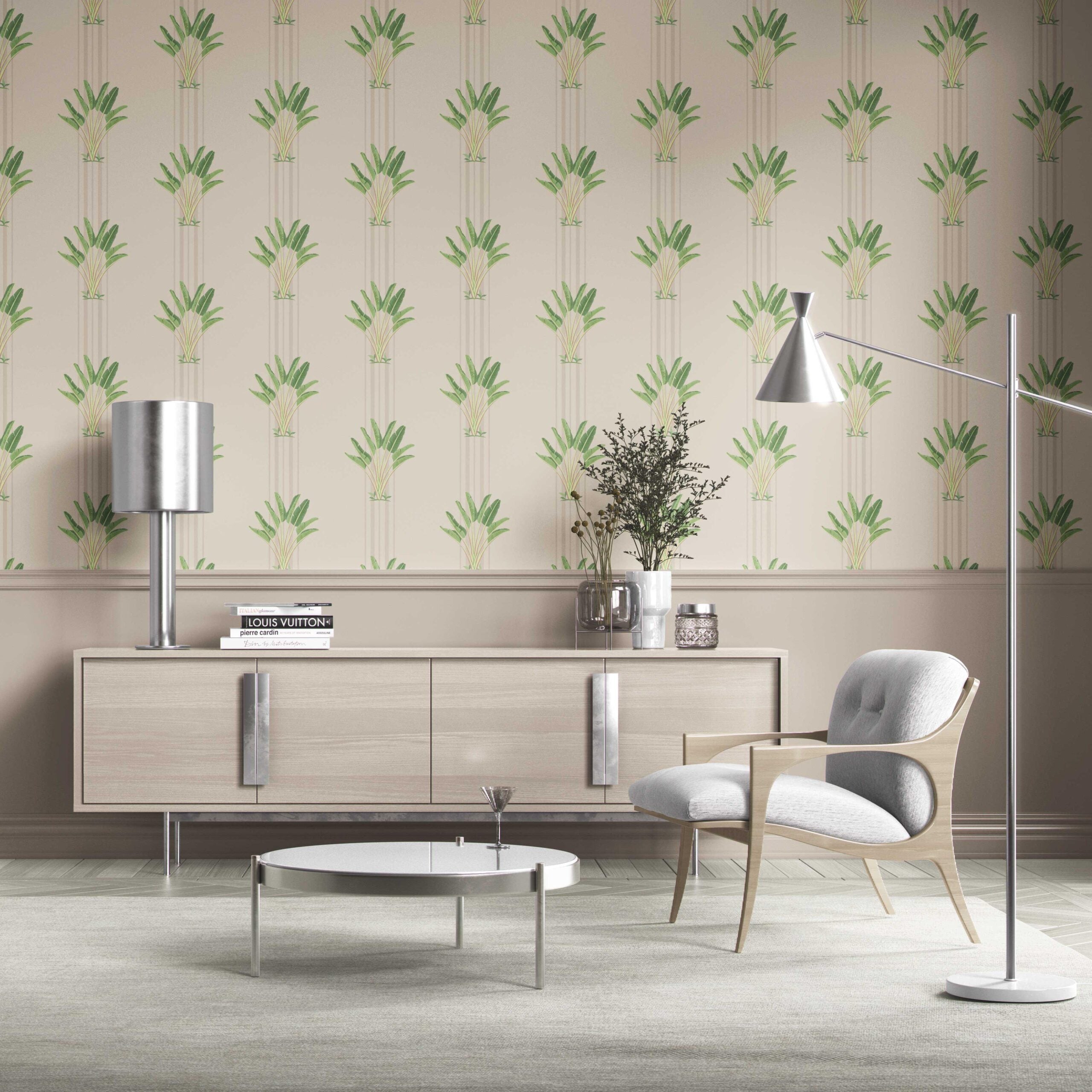 Botanical/ Floral Block Print Traditional Wallpaper (Beige/ Cream/ Green)