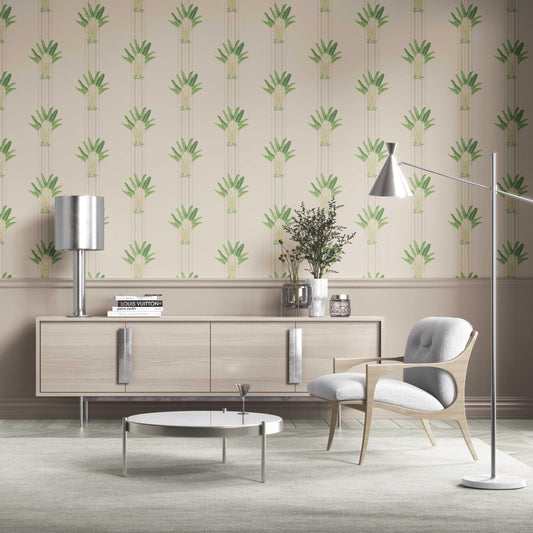 Botanical/ Floral Block Print Traditional Wallpaper (Beige/ Cream/ Green)