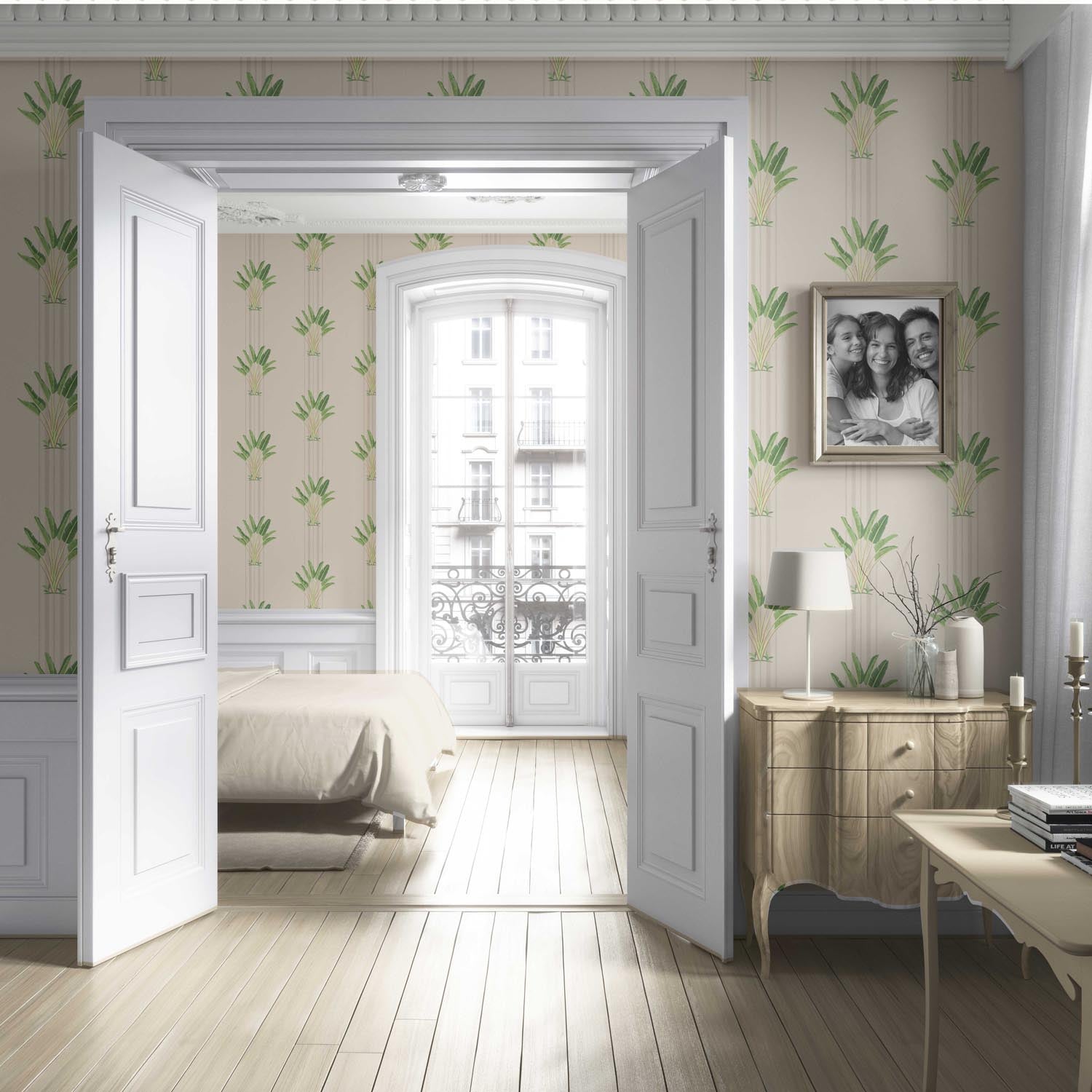Botanical/ Floral Block Print Living Room Wallpaper (Beige/ Cream/ Green)
