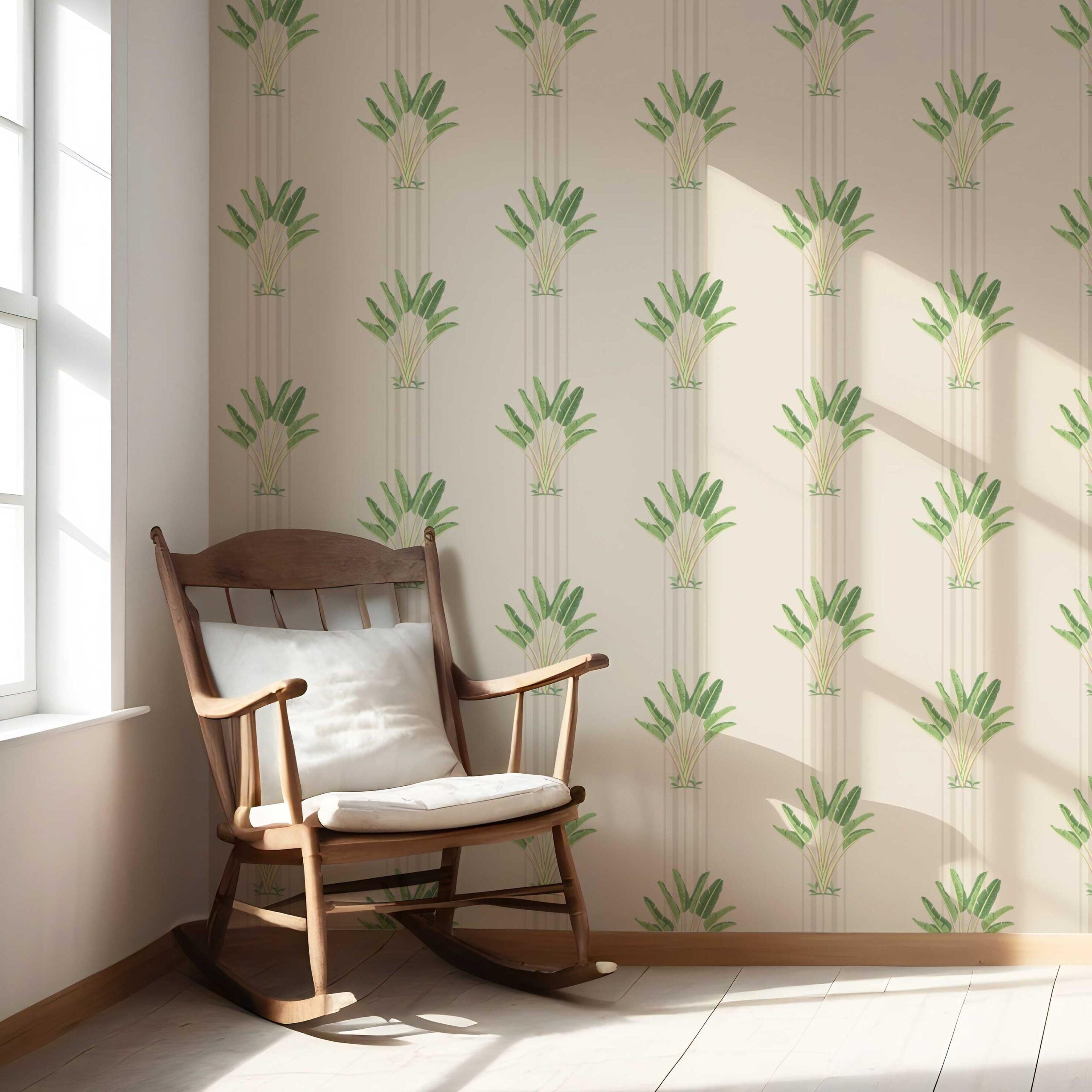 Botanical/ Floral Block Print Nursery Wallpaper (Beige/ Cream/ Green)