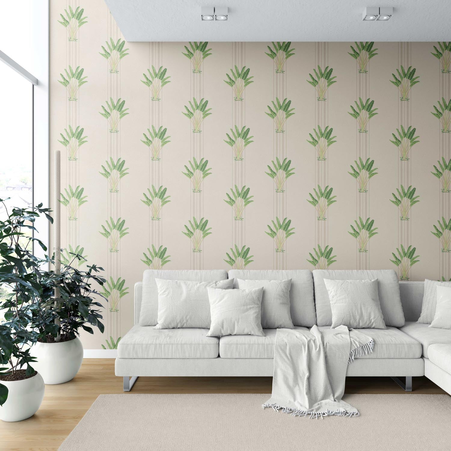 Botanical/ Floral Block Print Shower Toilet Wallpaper (Beige/ Cream/ Green)