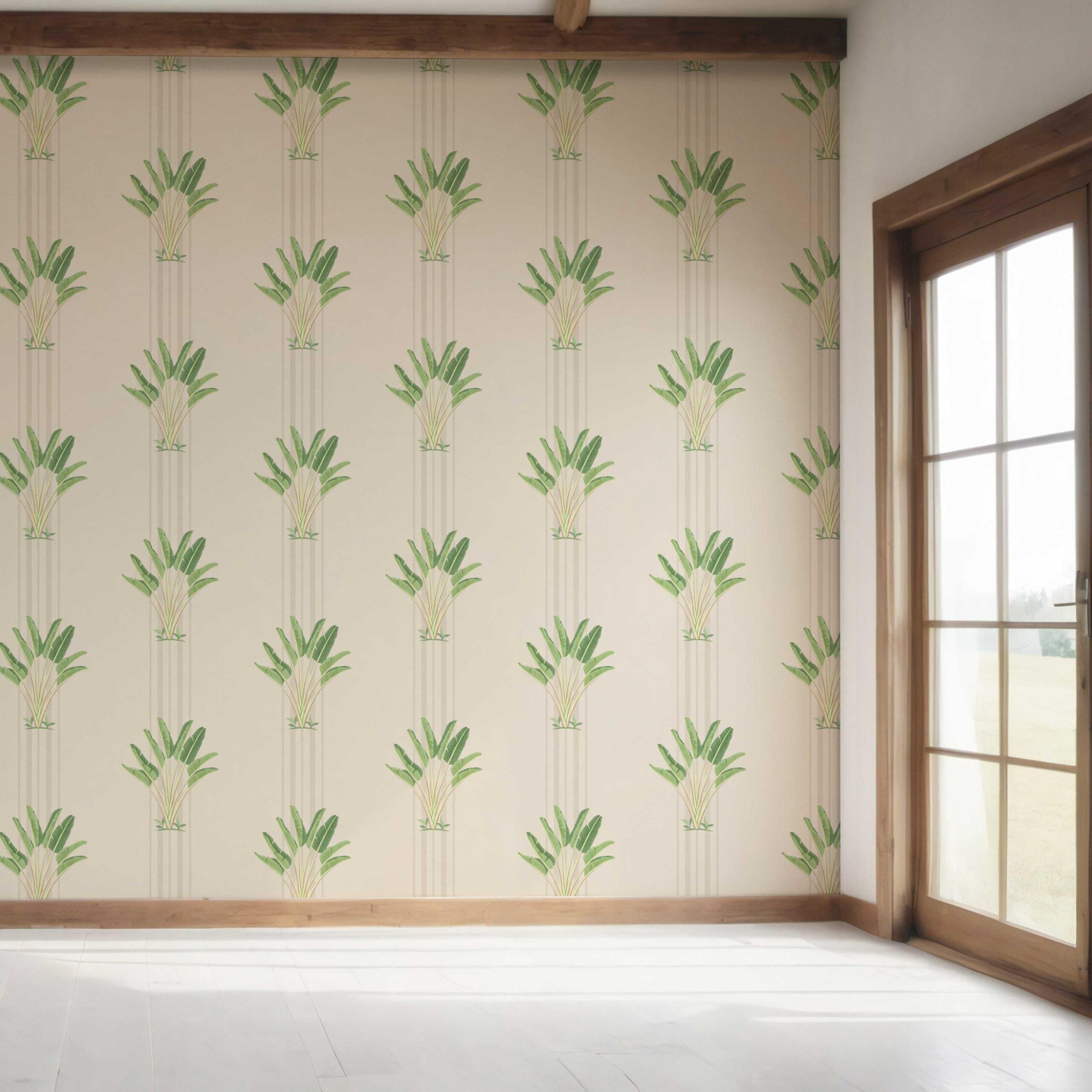 Botanical/ Floral Block Print Bedroom Wallpaper (Beige/ Cream/ Green)