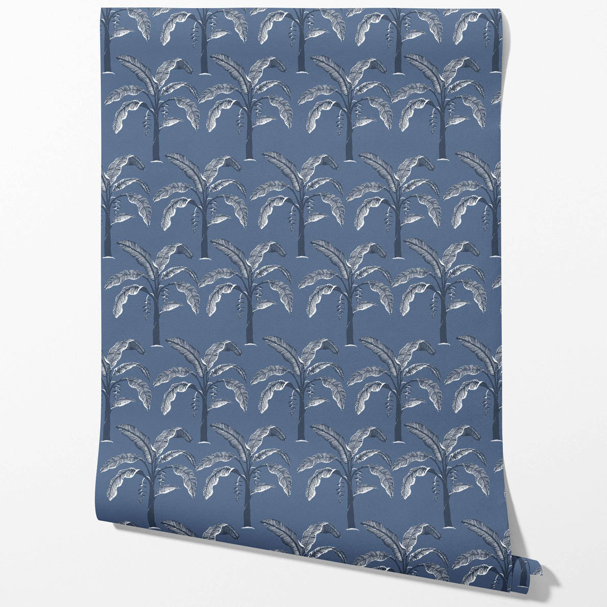 Floral/ Botanical Palm Trees Patterned Traditional Wallpaper Sample (Navy Blue/ Gray)