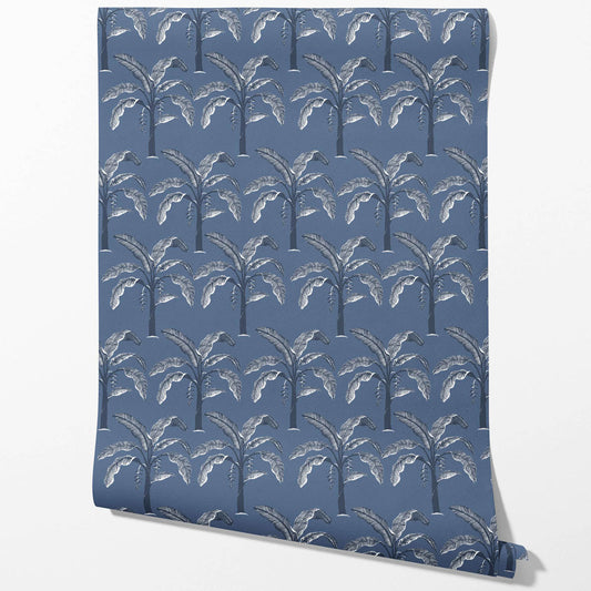 Floral/ Botanical Palm Trees Patterned Traditional Wallpaper (Navy Blue/ Gray)