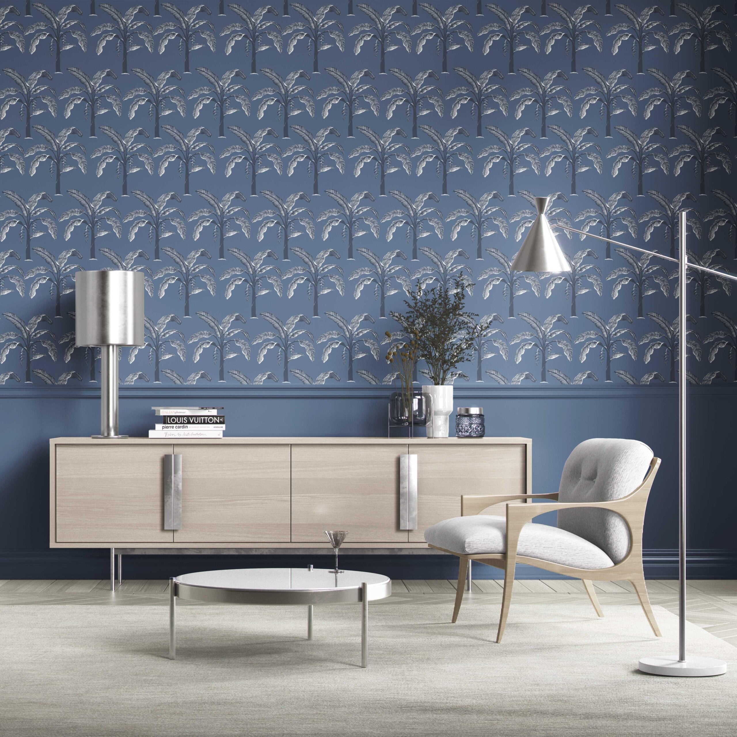 Floral/ Botanical Palm Trees Patterned Kitchen Wallpaper Sample (Navy Blue/ Gray)
