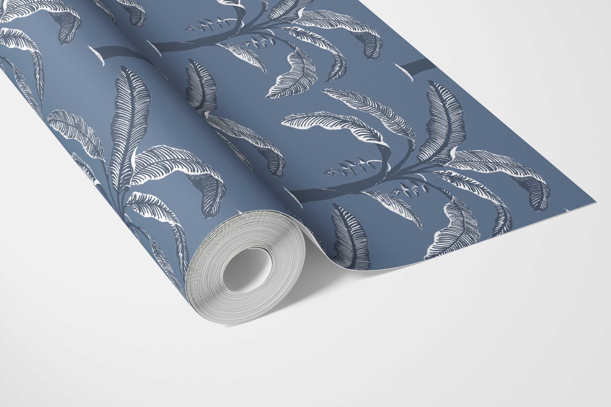 Floral/ Botanical Palm Trees Patterned Bathroom Wallpaper Sample (Navy Blue/ Gray)