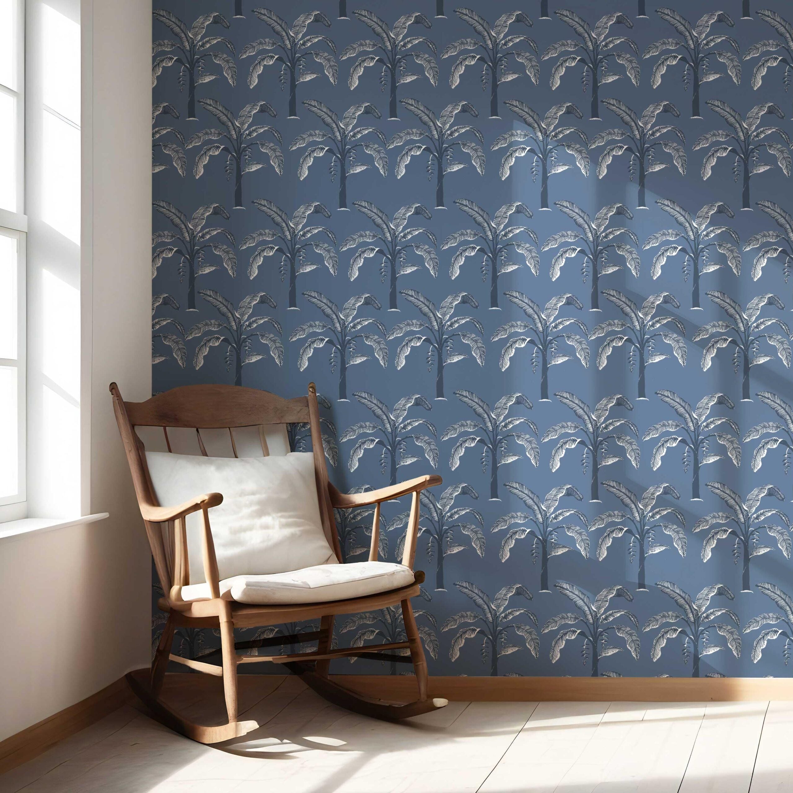 Floral/ Botanical Palm Trees Patterned Nursery Wallpaper Sample (Navy Blue/ Gray)
