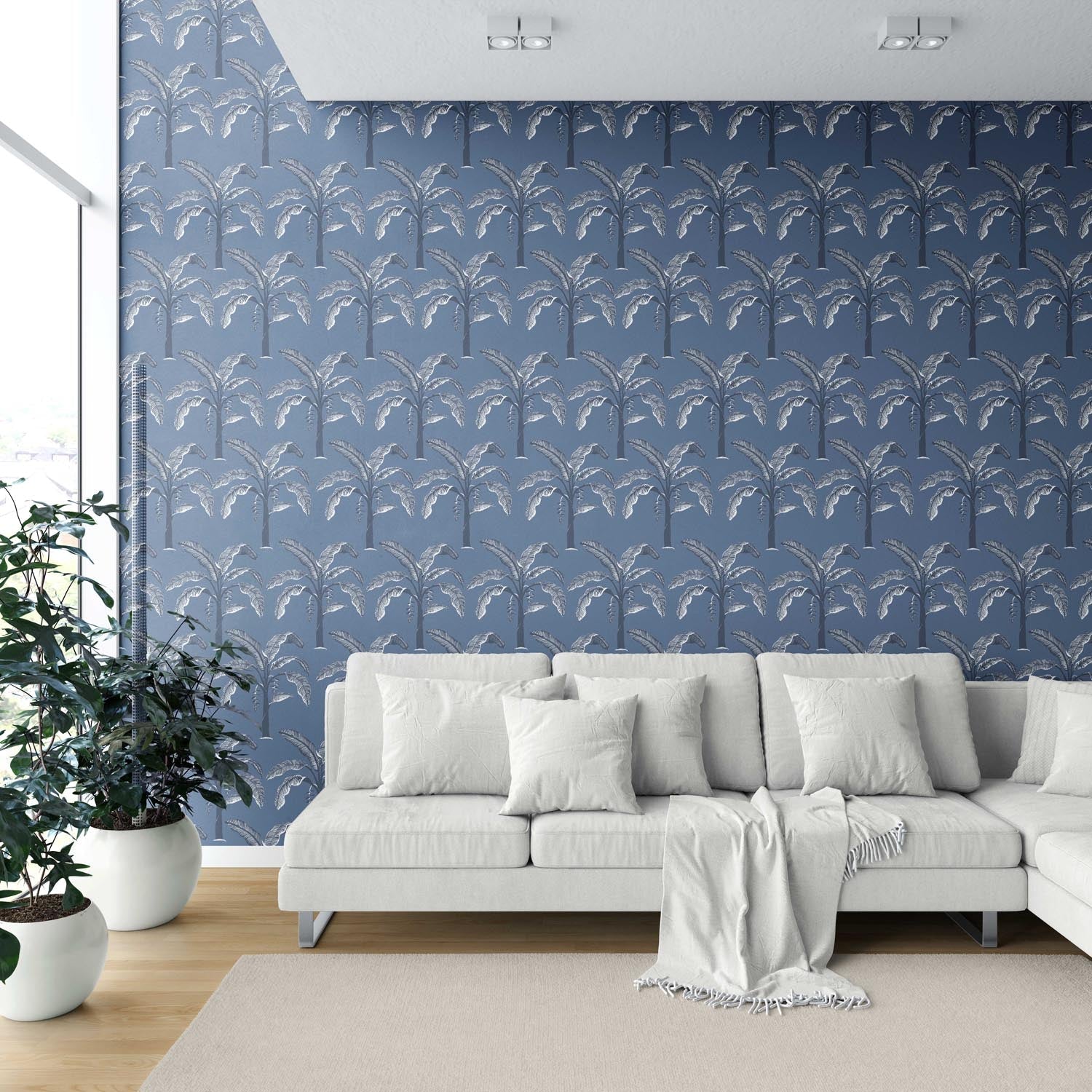 Floral/ Botanical Palm Trees Patterned Shower Toilet Wallpaper Sample (Navy Blue/ Gray)