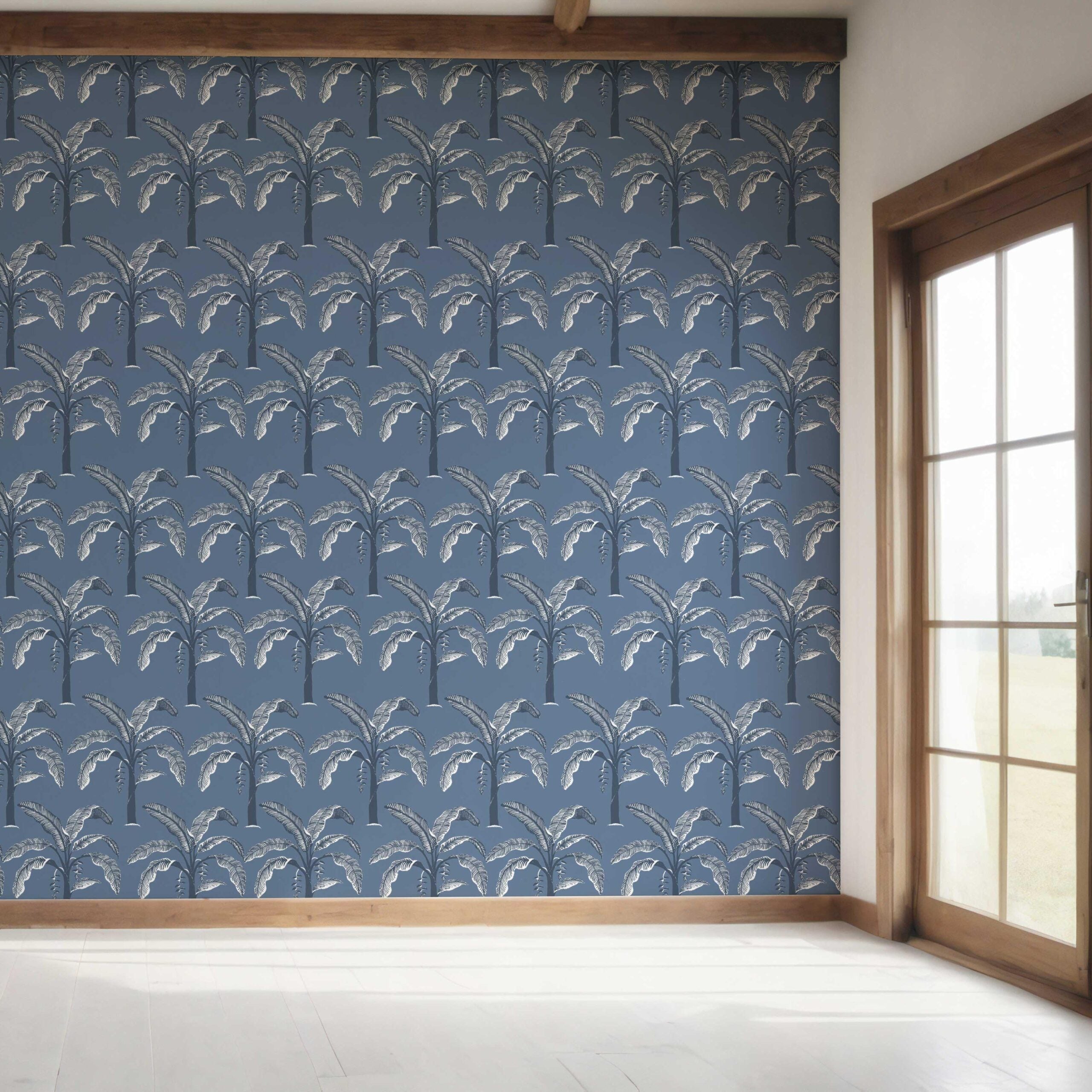 Floral/ Botanical Palm Trees Patterned Bedroom Wallpaper Sample (Navy Blue/ Gray)