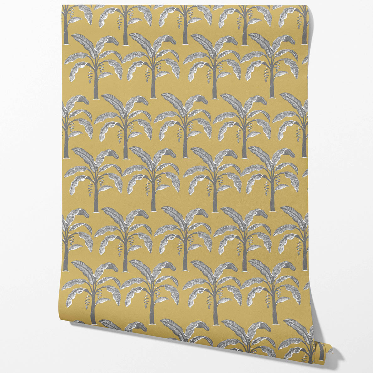 Floral/ Botanical Palm Trees Patterned Traditional Wallpaper Sample (Yellow/ Gray)