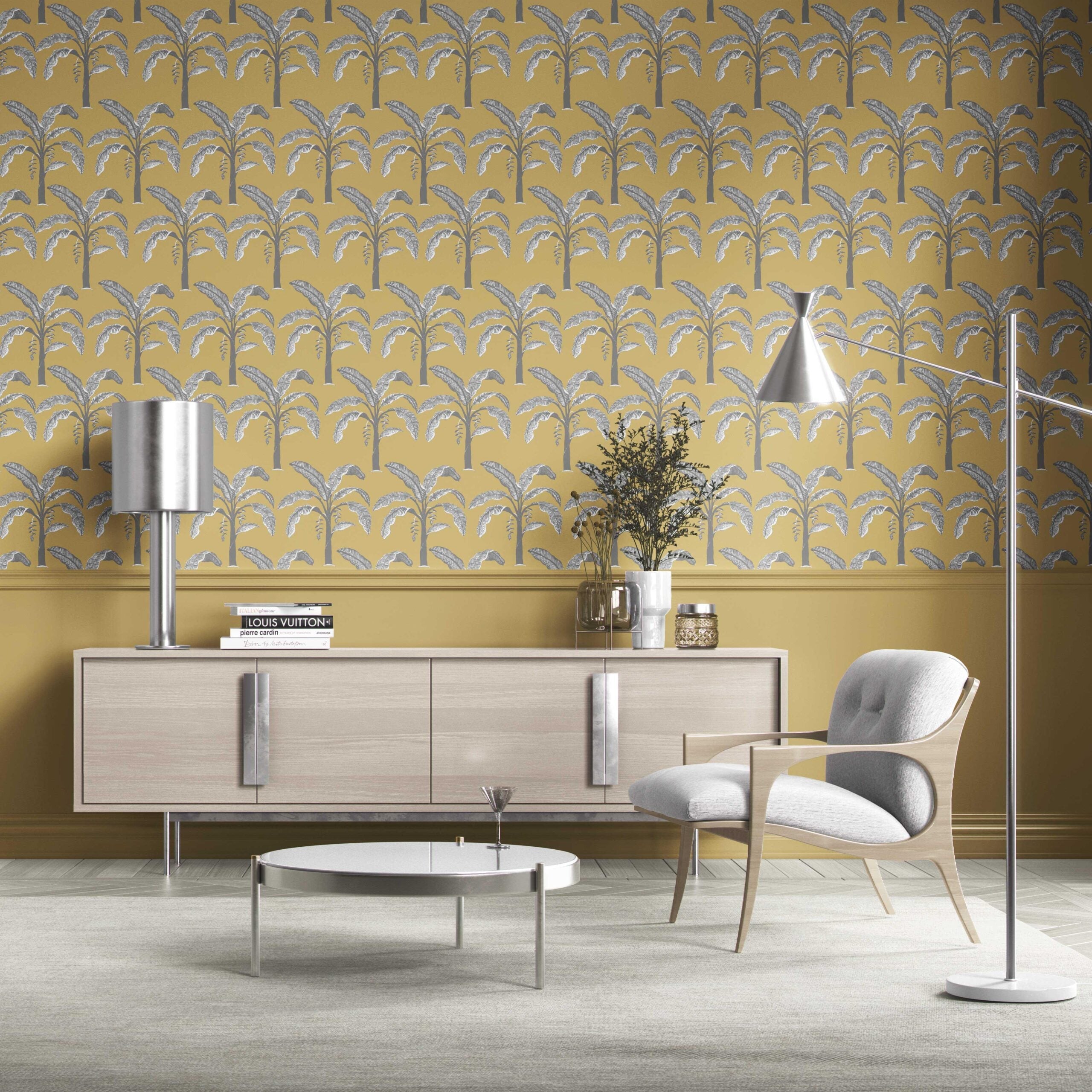 Floral/ Botanical Palm Trees Patterned Kitchen Wallpaper (Yellow/ Gray)