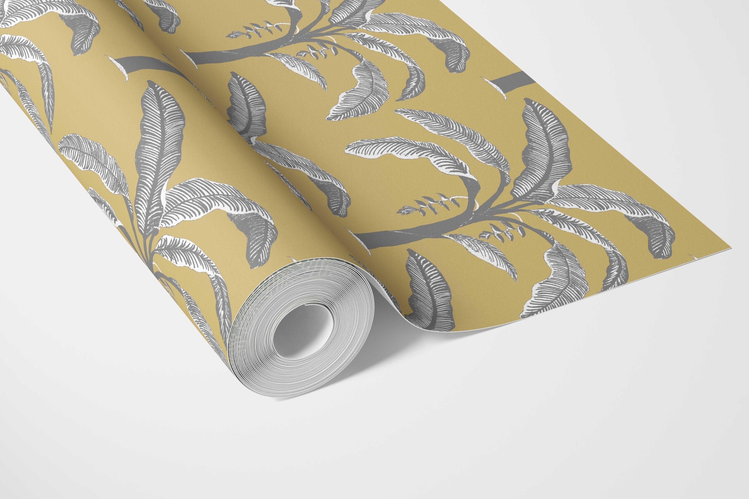 Floral/ Botanical Palm Trees Patterned Bathroom Wallpaper Sample (Yellow/ Gray)