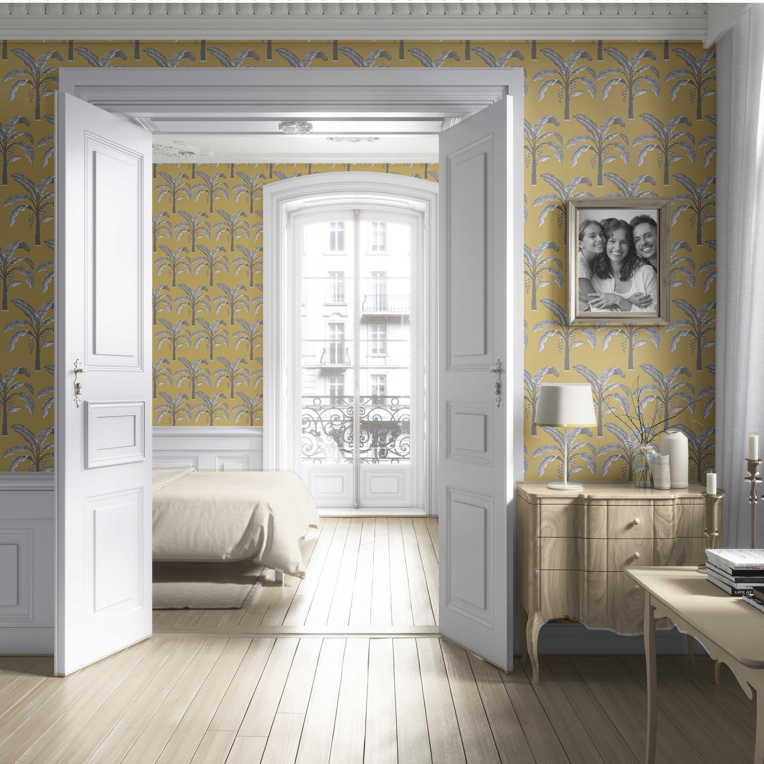 Floral/ Botanical Palm Trees Patterned Living Room Wallpaper Sample (Yellow/ Gray)