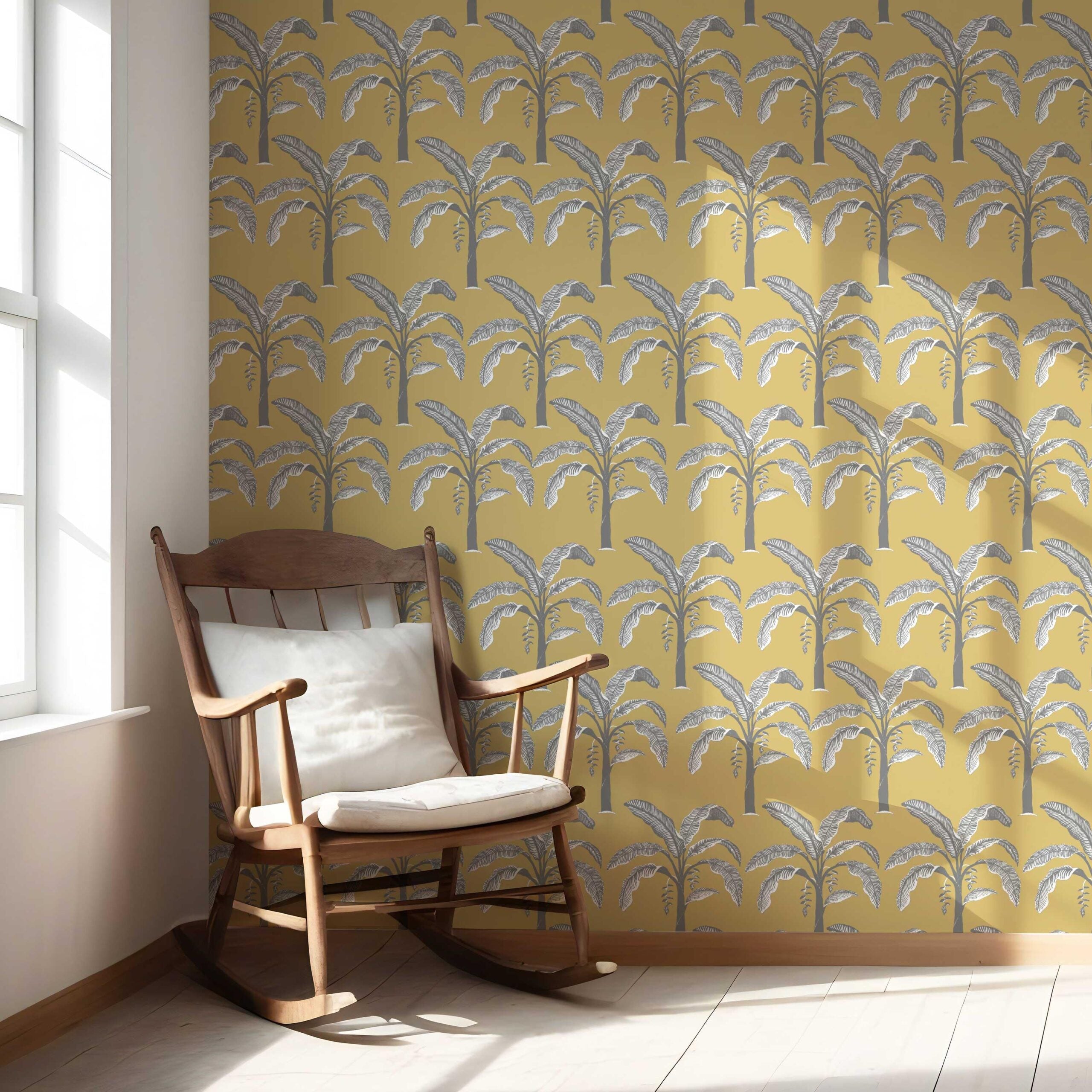 Floral/ Botanical Palm Trees Patterned Nursery Wallpaper Sample (Yellow/ Gray)