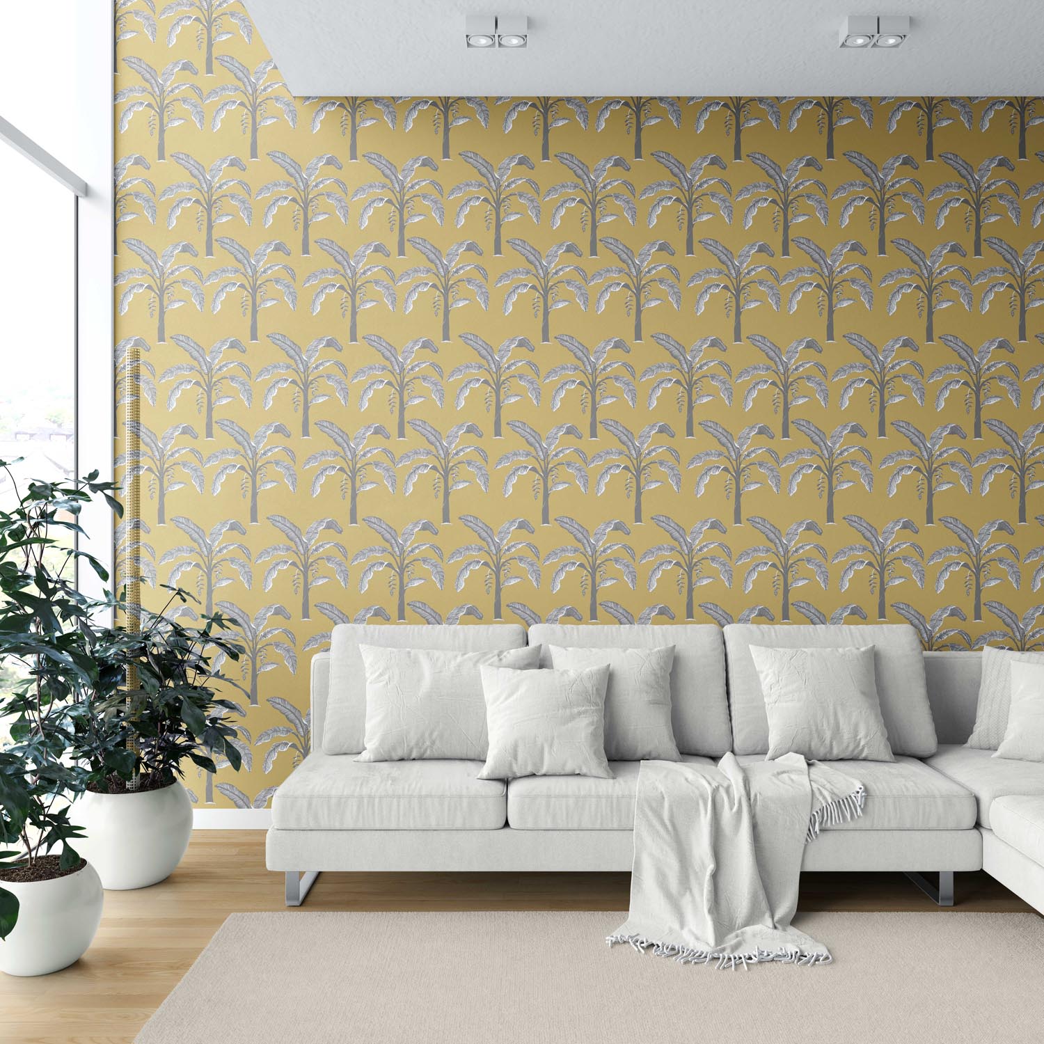 Floral/ Botanical Palm Trees Patterned Shower Toilet Wallpaper Sample (Yellow/ Gray)