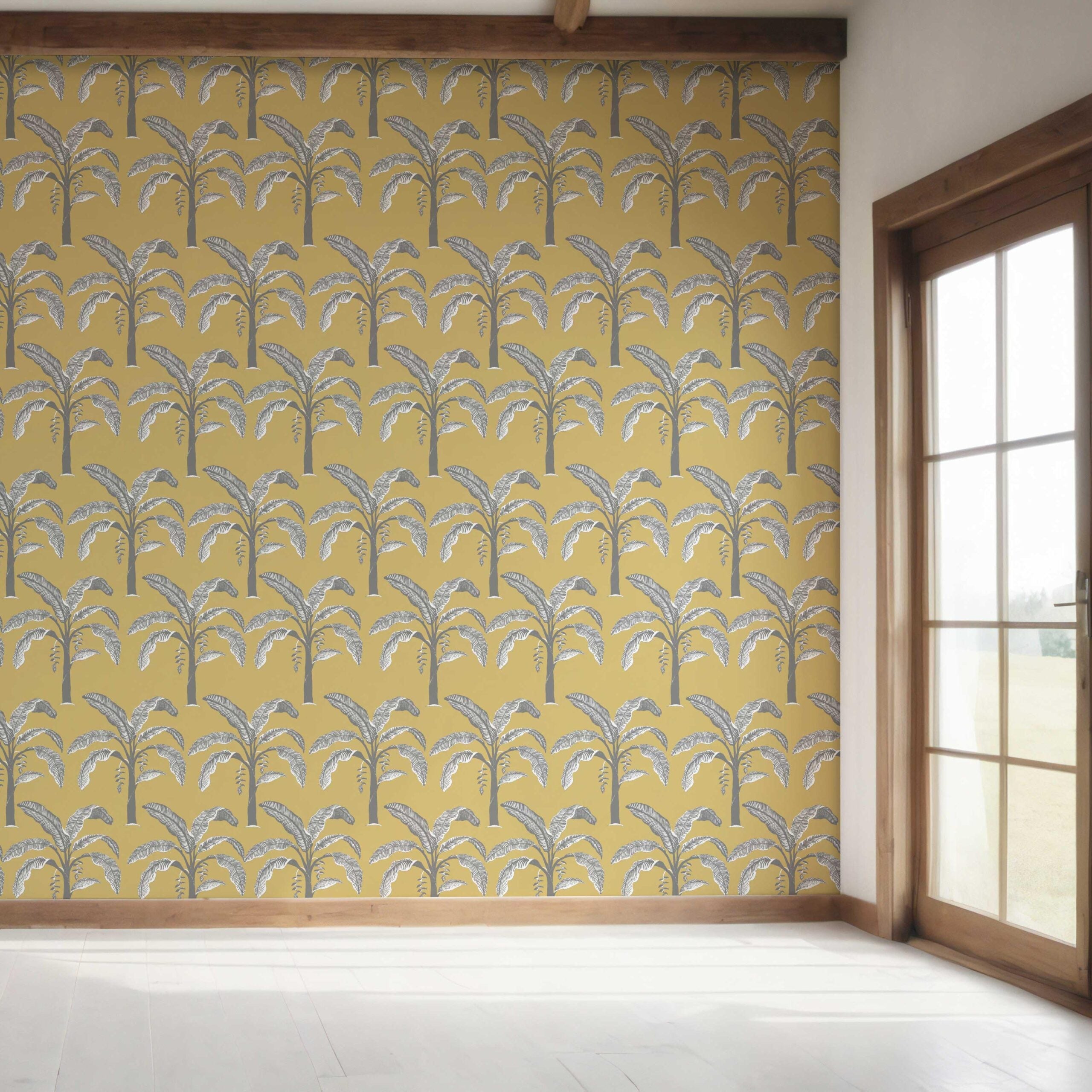 Floral/ Botanical Palm Trees Patterned Bedroom Wallpaper Sample (Yellow/ Gray)