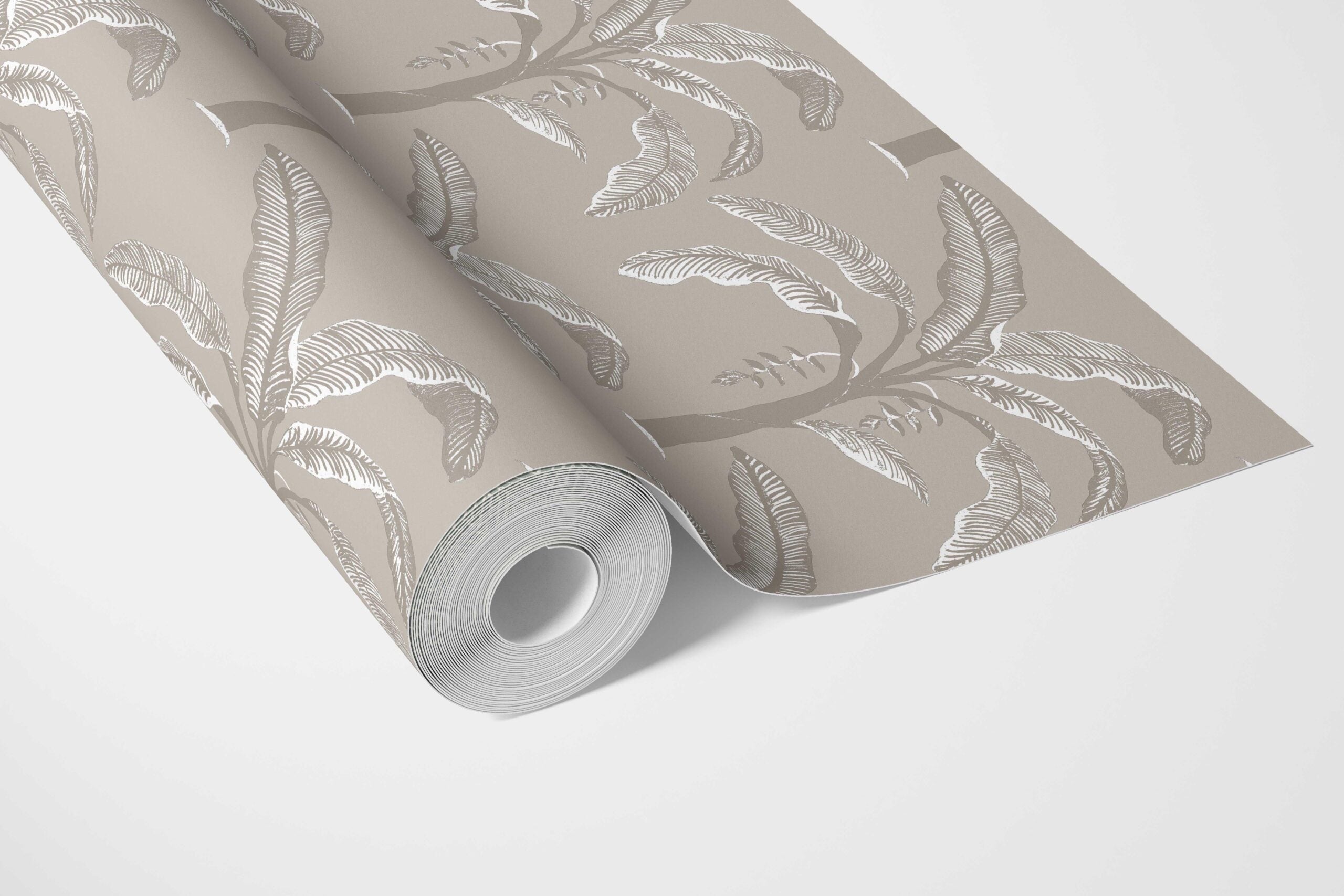 Floral/ Botanical Palm Trees Patterned Bathroom Wallpaper Sample (Greige/ Soft Taupe/ Gray)