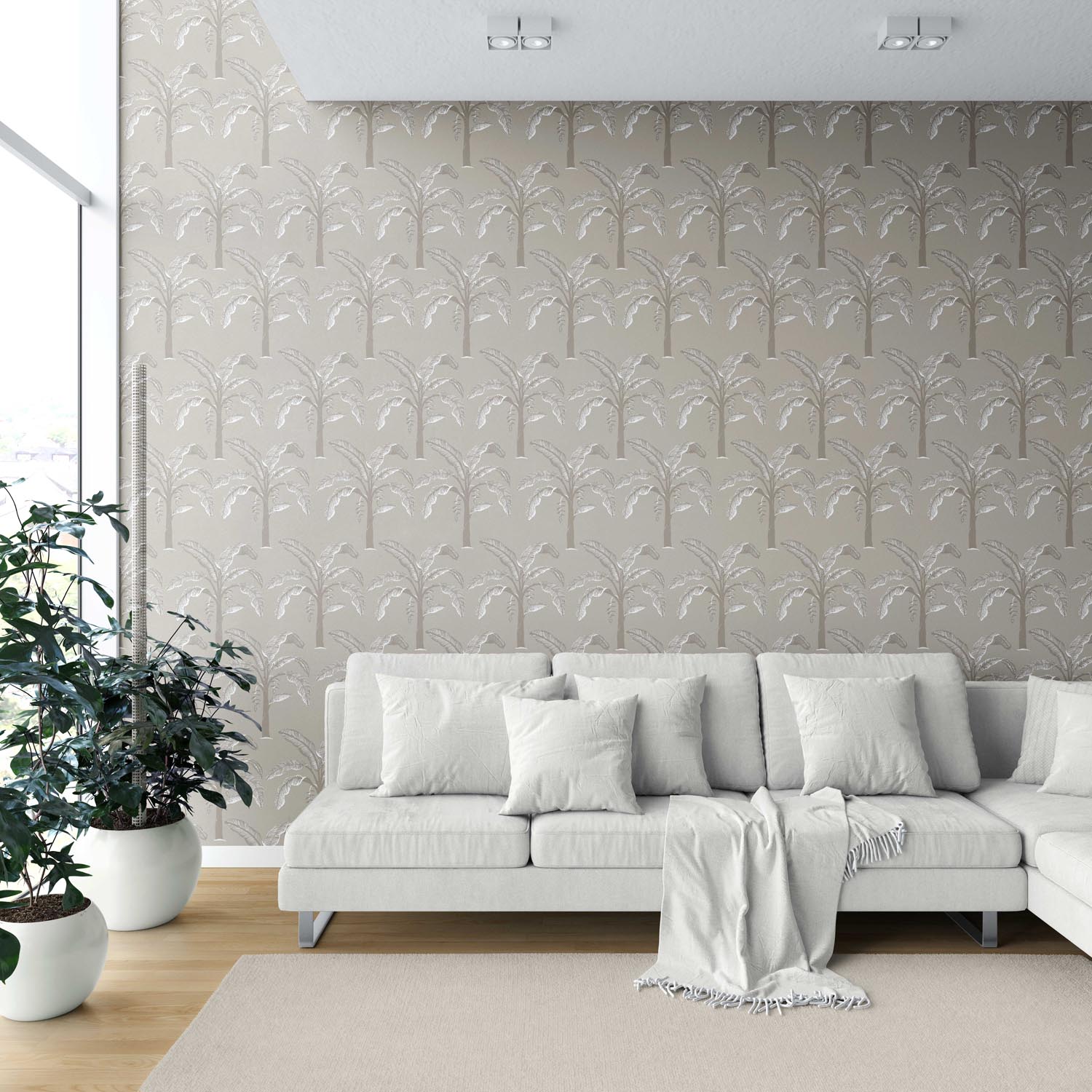 Floral/ Botanical Palm Trees Patterned Shower Toilet Wallpaper Sample (Greige/ Soft Taupe/ Gray)