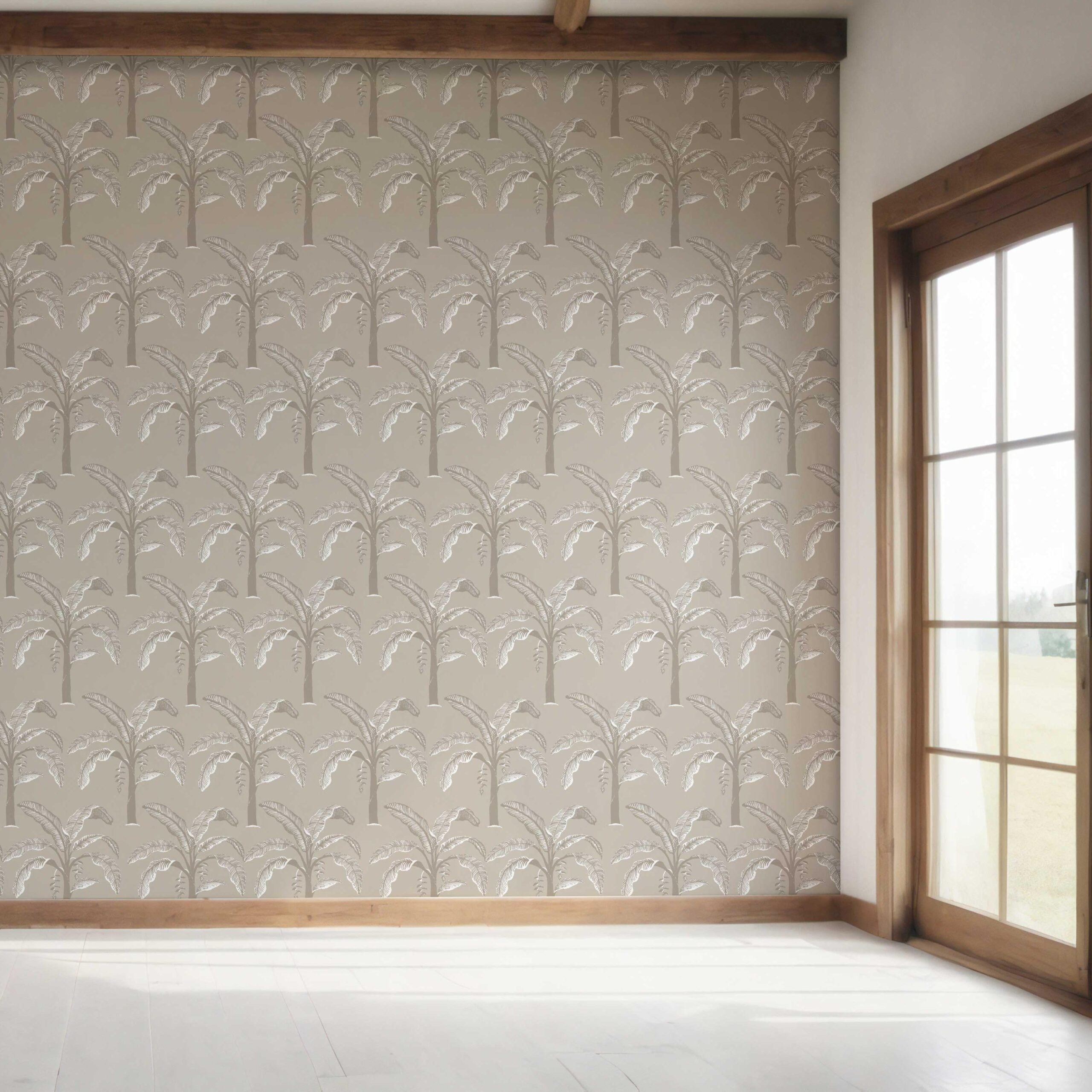 Floral/ Botanical Palm Trees Patterned Bedroom Wallpaper Sample (Greige/ Soft Taupe/ Gray)